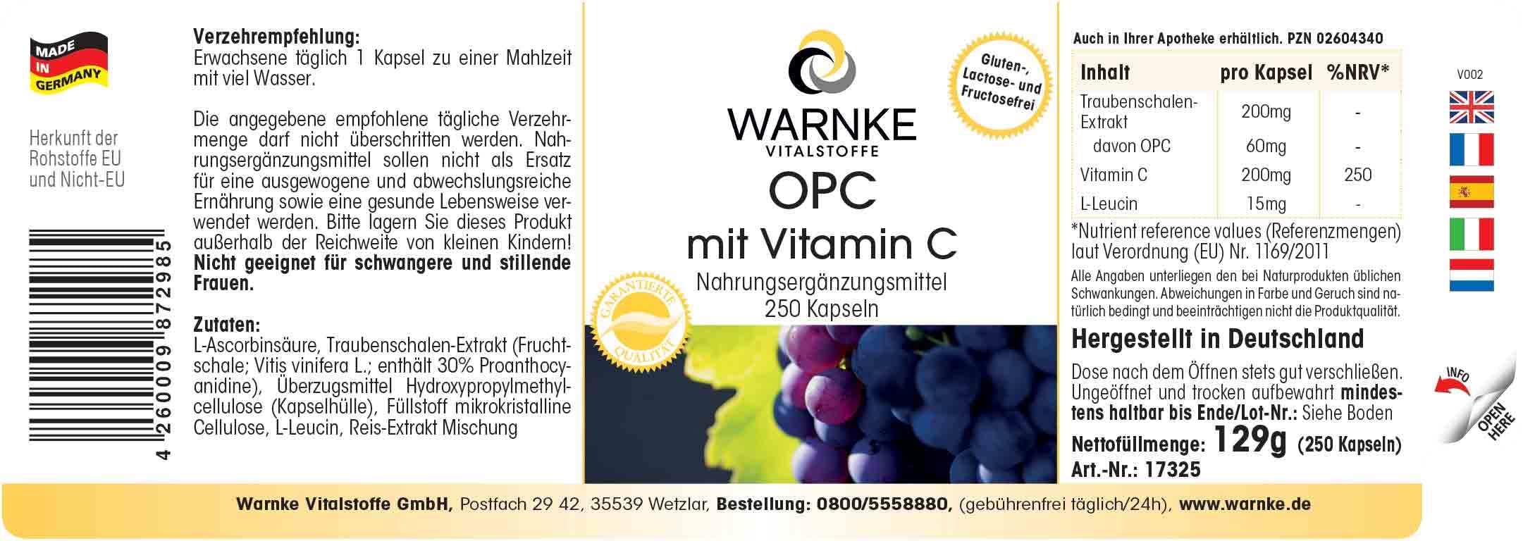OPC Traubenschalenextrakt - 200mg Vitamin C + 60mg OPC pro Tagesdosis - 250 Kapseln - schluckfreundlich - vegan | Warnke Vitalstoffe - Deutsche Apothekenqualität