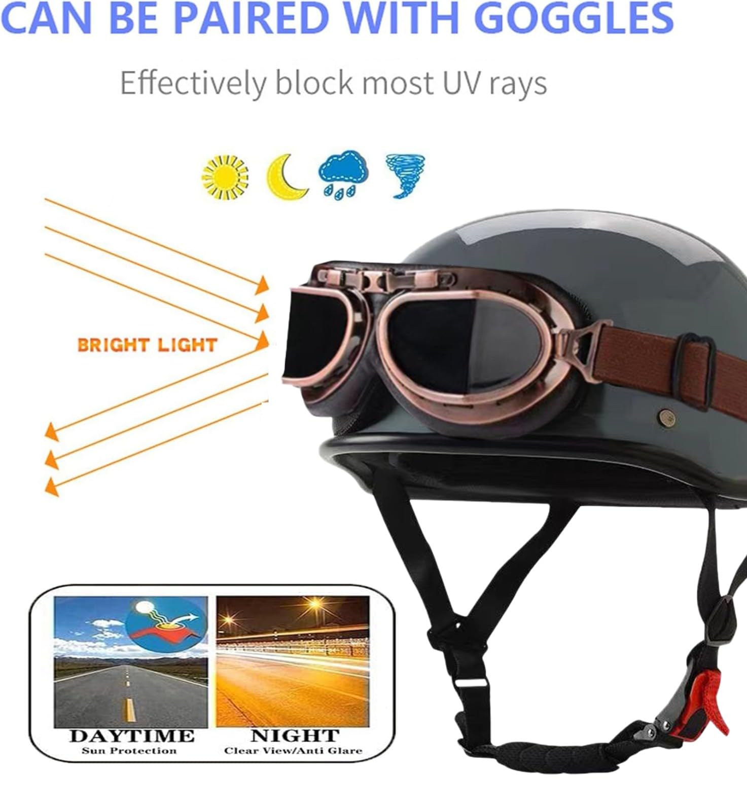 Kask motocyklowy w stylu vintage w niemieckim stylu (pół kasku), certyfikat DOT/ECE męski kask motocyklowy do cruiser, skutera, motoroweru, otwarty kask z okularami