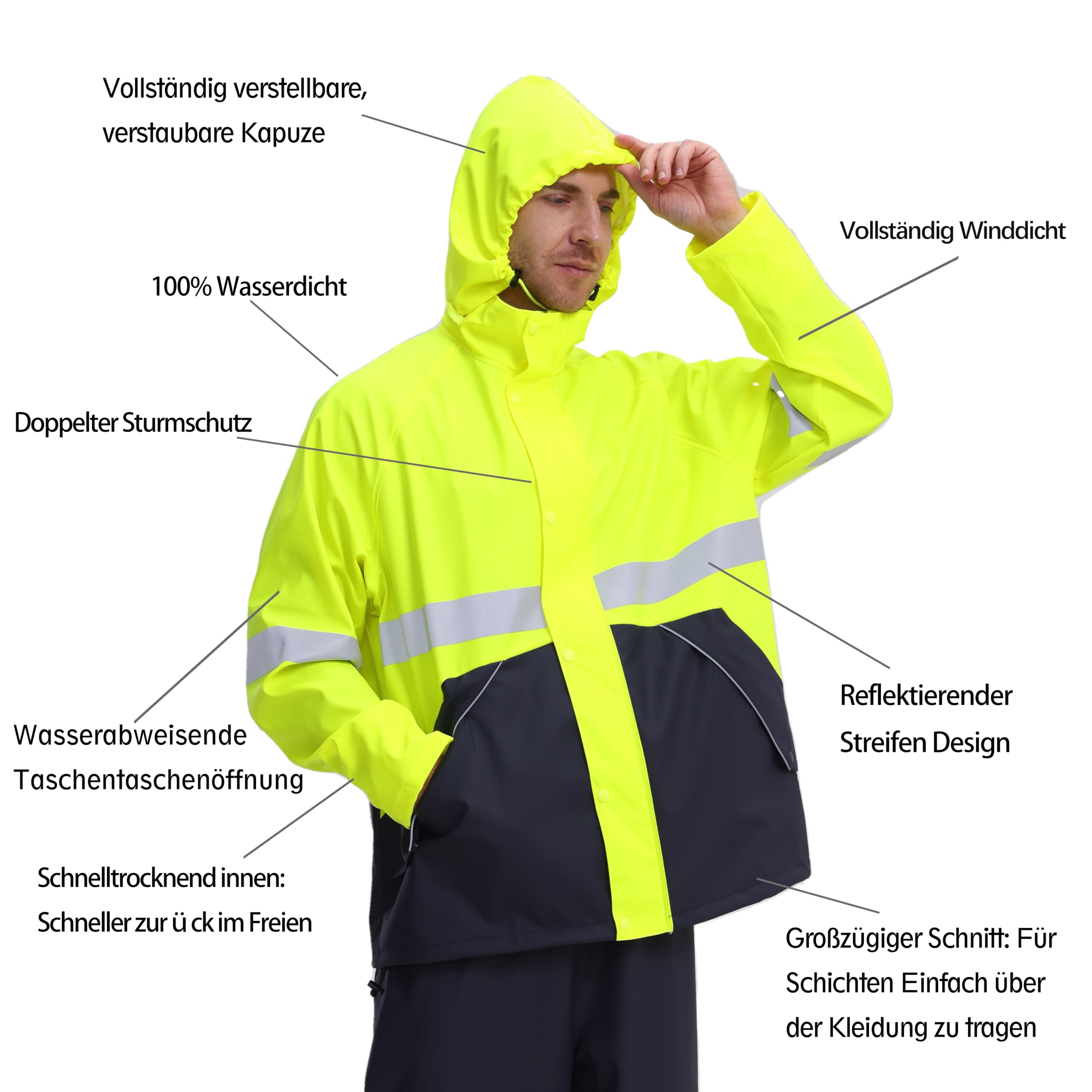 Traje de Lluvia Hombre – PU Resistente Impermeable y duradero con capucha y pantalón de tirantes, ideal para trabajo, pesca, construcción y actividades al aire libre