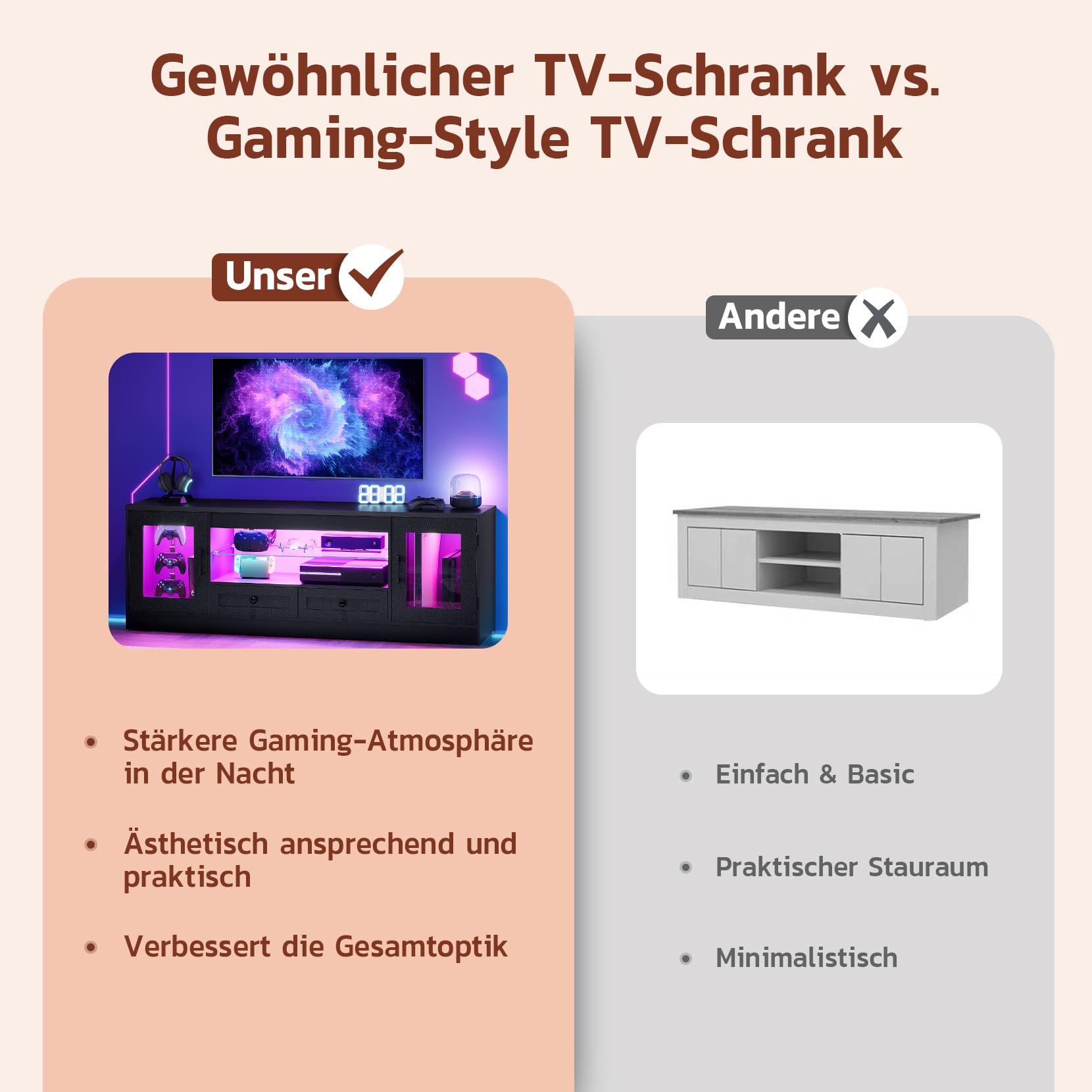 Dripex LED-TV-Lowboard 148 cm für 55–65 Zoll Fernseher, Gaming-TV-Schrank mit RGB-Beleuchtung und Schubladen, modernes TV-Board für Wohnzimmer und Schlafzimmer, Schwarz