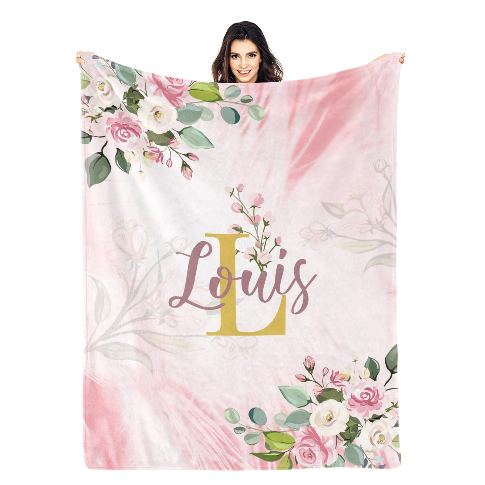 D-Story Personalized Name with Capital Letter Flower Gifts Blankets for Women, Custom Pink Flower Blanket Decor Throw for Women Birthday, Christmas
