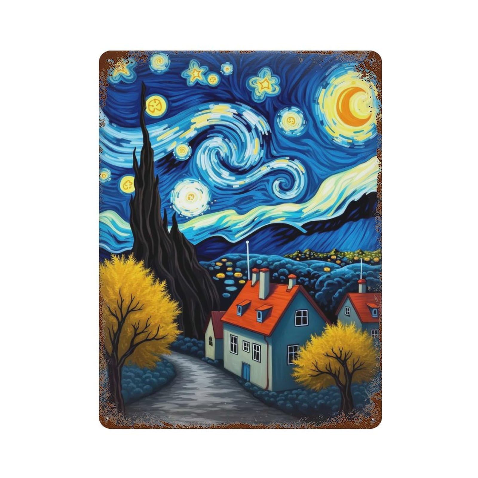 Starry Night Village Decorative Tin Sign 15.7"x11.8", for Farmhouse, Kitchen And Entryway Decor, Shabby Chic Decor