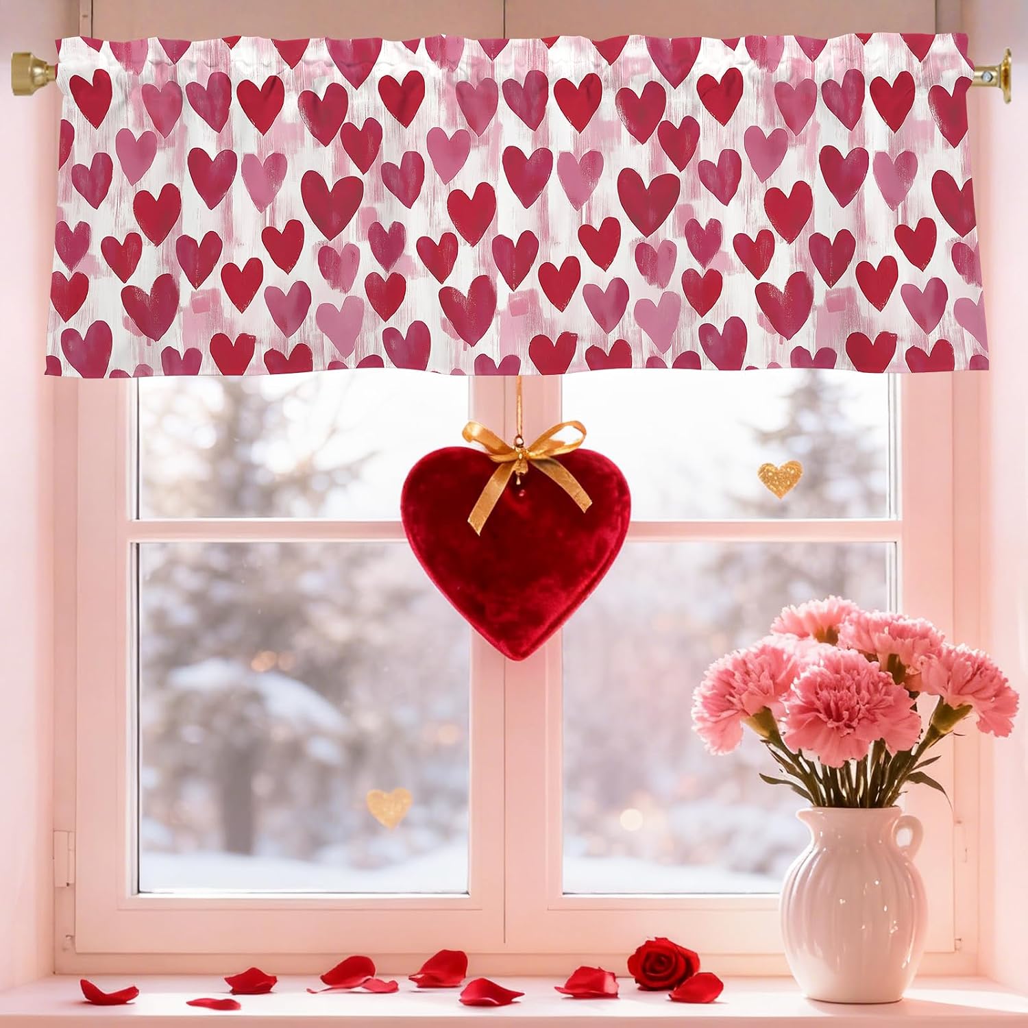 Valentines Day Hearts Valances for Windows 54x18 Inch Pink Heart Shape Curtain Valance for Kitchen Bathroom Bedroom Living Room Decor