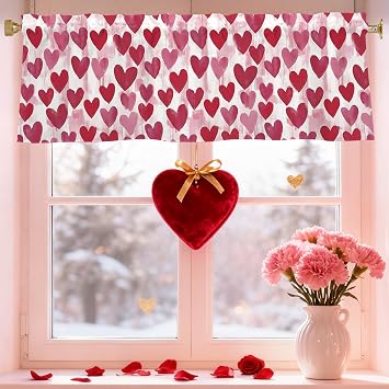 Valentines Day Hearts Valances for Windows 54x18 Inch Pink Heart Shape Curtain Valance for Kitchen Bathroom Bedroom Living Room Decor