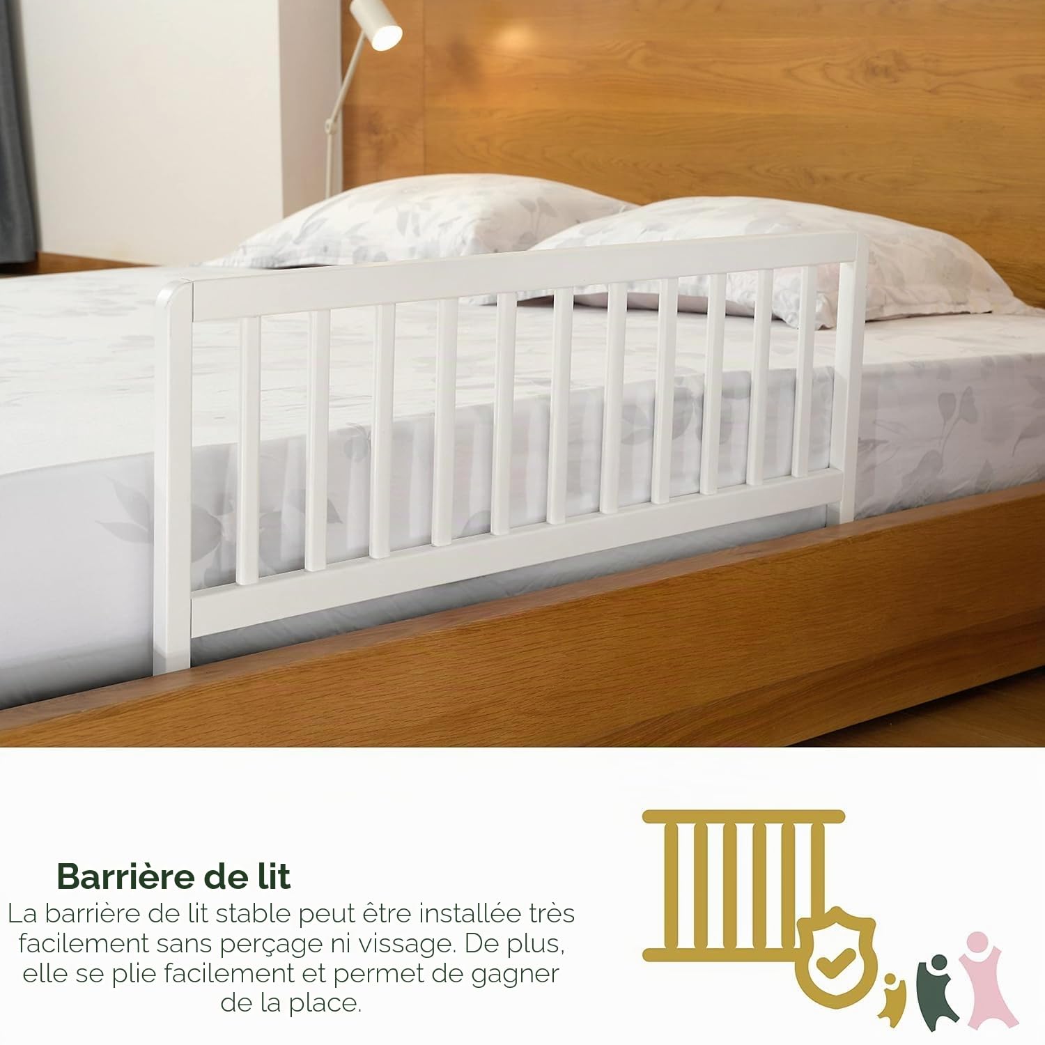 Geuther Barrière De Lit – Barrière De Sécurité Enfant Lit en Bois De Hêtre – Barrière Lit Bébé – Barrière De Lit Adulte – Barrière Pliable Solide Et Esthétique (White, 110x38 cm)