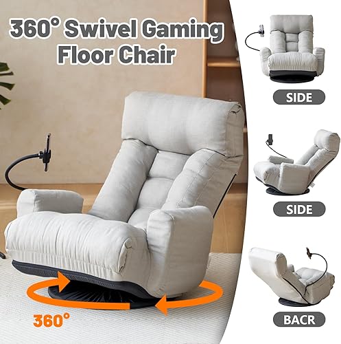 Miniatura 3 de Silla giratoria de 360 para juegos, sofá plegable ajustable de 5 posiciones con reposabrazos y soporte para teléfono, cojín acolchado para