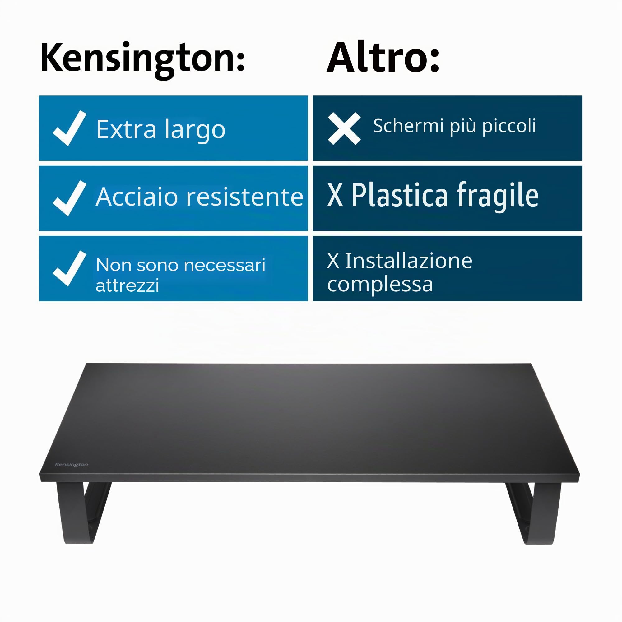 Kensington Supporto per monitor extra largo, rialzo ergonomico in metallo per monitor da scrivania, fino a 32 pollici e 20 kg, per PC, schermi, iMac, laptop, stampanti (60 x 12 x 26 cm) K55726EU Nero