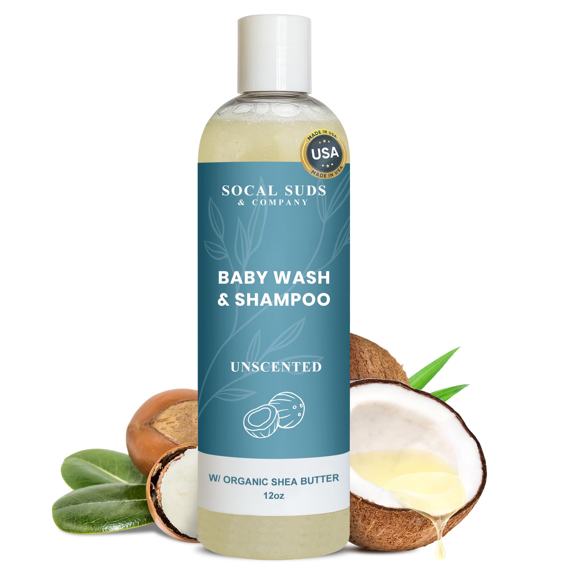 SoCal Suds & Company Baby Body Wash & Shampoo - Shea Moisture for Sensitive Skin - Fragrance Free Hair & Body Soap - Gentle Bath Products for Toddlers