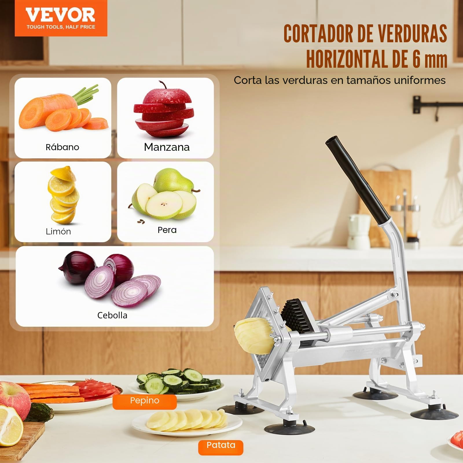 VEVOR Cortador de Verduras Comercial 1/4"/6,35 mm de Acero Inoxidable Cortadora de Tomate Manual Marco de Aleación de Aluminio con Pies Antideslizantes para Cocinas, Restaurantes, Hamburgueserías