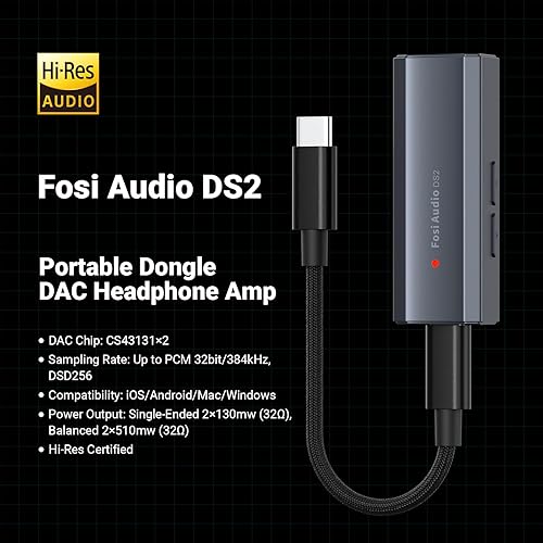 Miniatura 2 de Fosi Audio DS2 USB C a AUX Amplificador de auriculares DAC Dongle 0.138 in Jack Audio Amplificador portátil de doble salida DSD256 0.173 in
