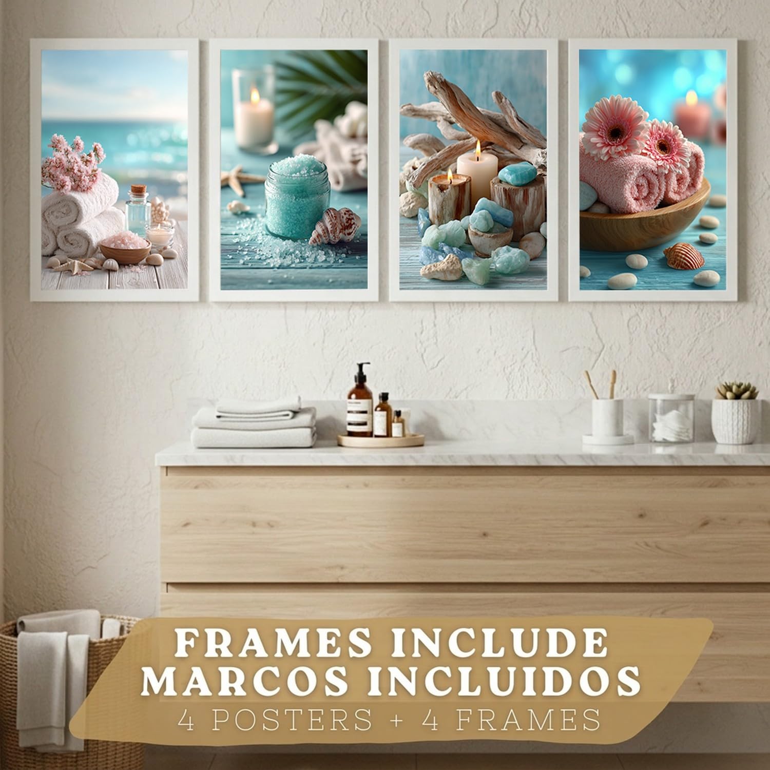 Nacnic Set De 4 Cuadros Baño Decoracion Poster Estilo Playa Spa Para Pared Lavabo Ducha Wc Y Aseo Con Conchas Velas Toallas Y Sales Marinas A4 Marco Blanco