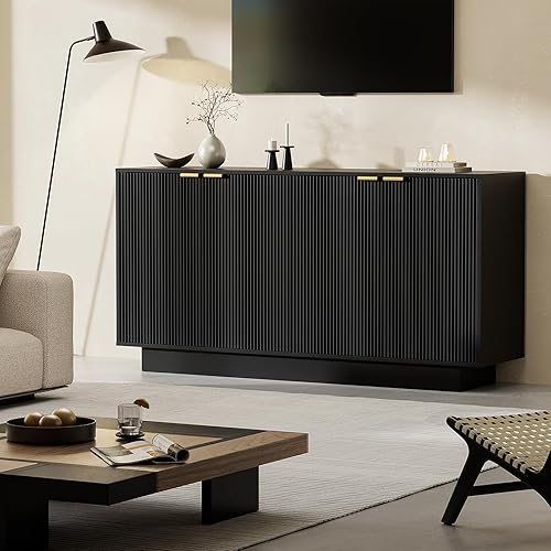 Miniatura 3 de Aparador grande de 63 pulgadas, armario de buffet moderno, soporte de TV para bar de vinos con 4 puertas para comedor (negro)