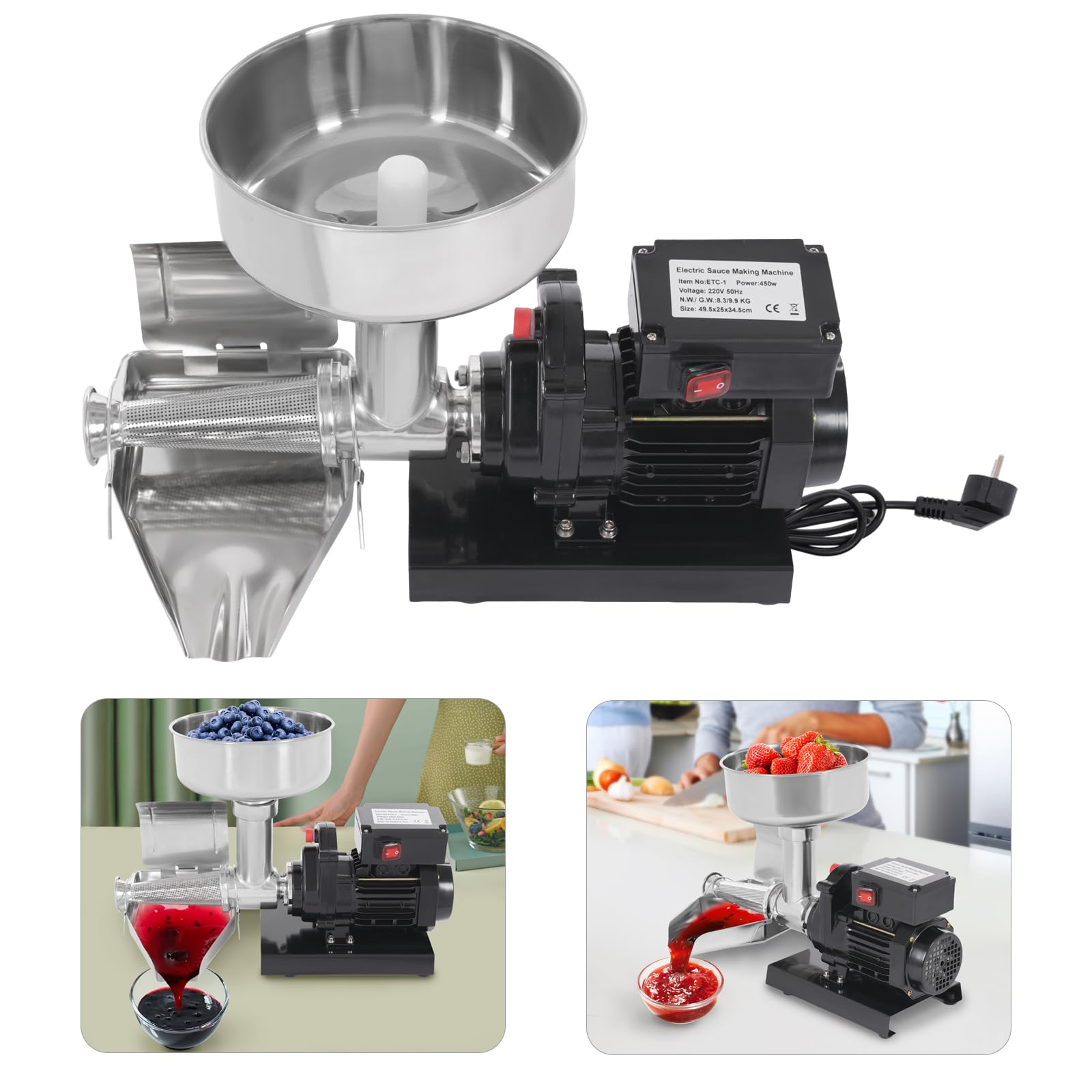 Elektrische Tomatenpresse 450W Edelstahl, Passiermaschine Für Tomatensauce, Erdbeersauce, Blaubeersauce, Leistungsstarke Tomatenpresse, Schwarz Silber