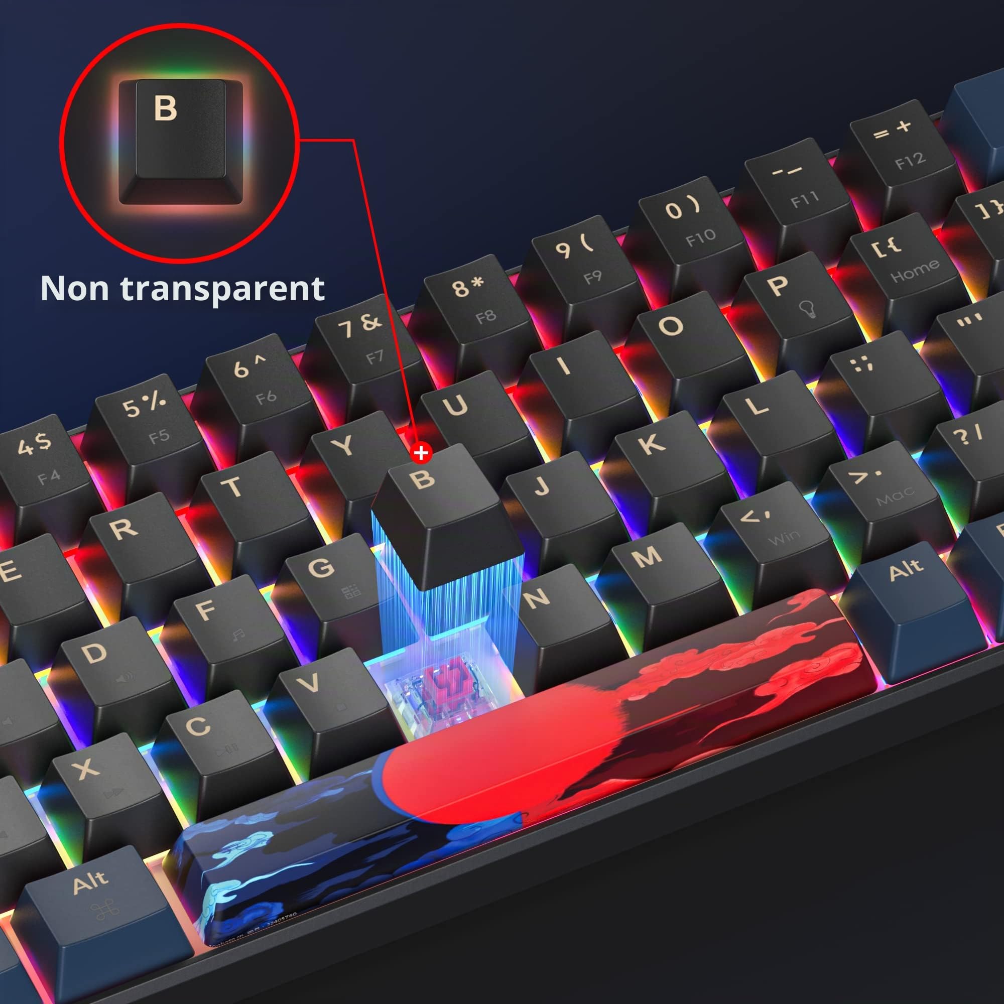 SOLIDEE Clavier de jeu mécanique 65%, 68 touches avec interrupteurs linéaires rouges, filaire avec rétroéclairage LED, lumière mixte, compact (68 Black-Blue)