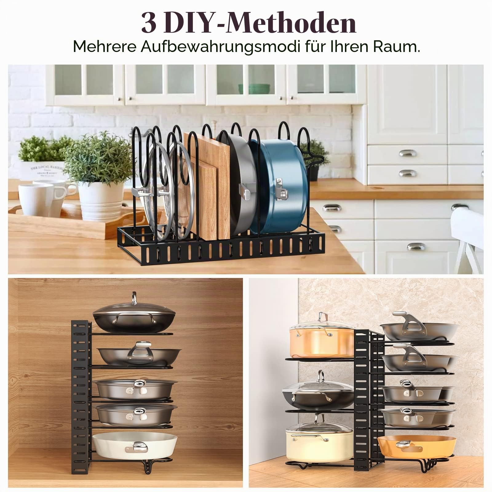 Housolution Pfannenhalter für Schrank, Töpfe und Pfannen Aufbewahrung Organizer Topfdeckelhalter mit 2 DIY-Methoden, Pfannenständer Deckelhalter mit 8 Verstellbaren Rutschfest Teiler
