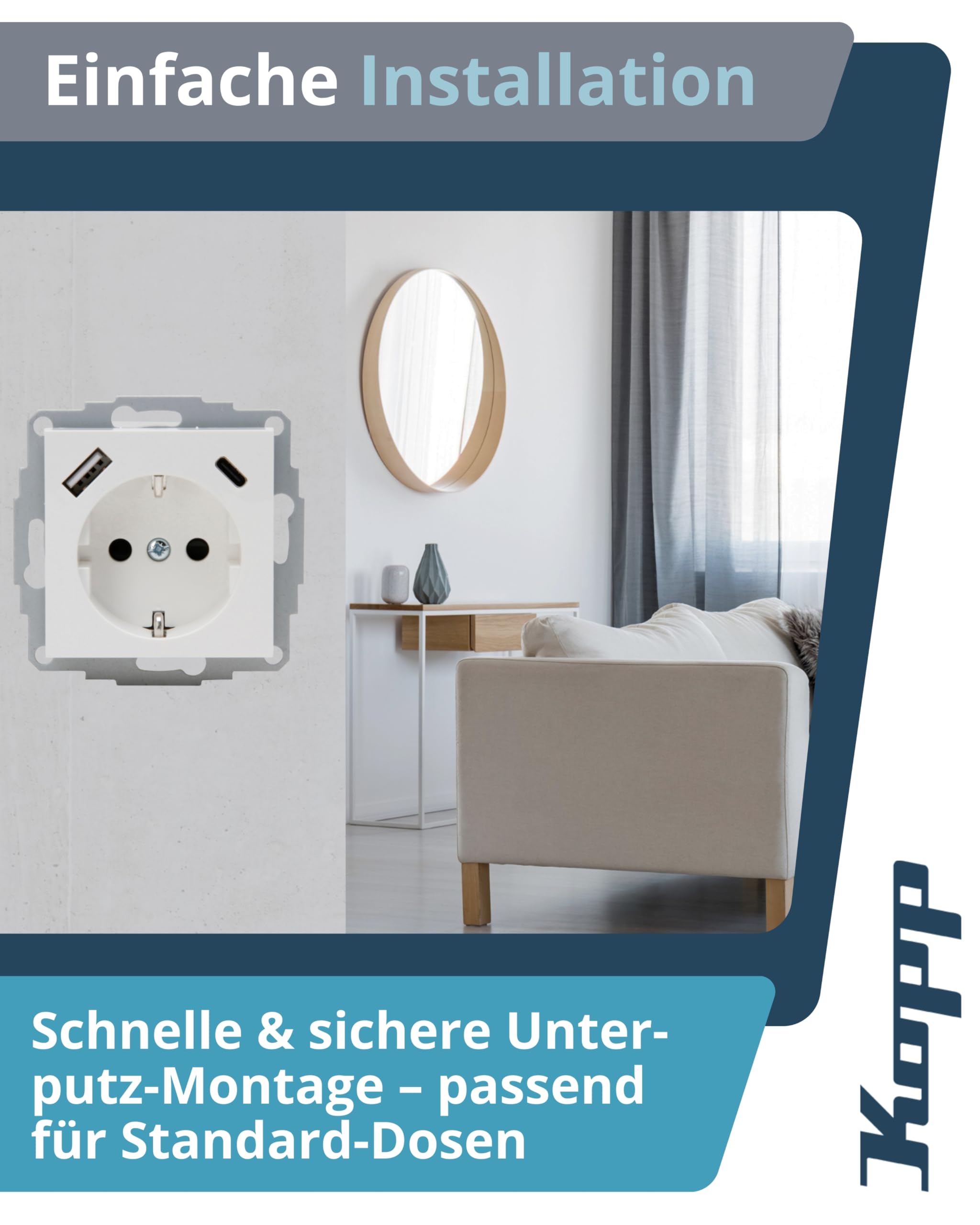 Kopp ATHENIS Unterputz-Steckdose mit USB A & USB C in Arktisweiß matt – Schutzkontakt-Steckdose mit integrierten Ladebuchsen – 16 A / 250 V~ IP20 – Steckklemmen & erhöhter Berührungsschutz