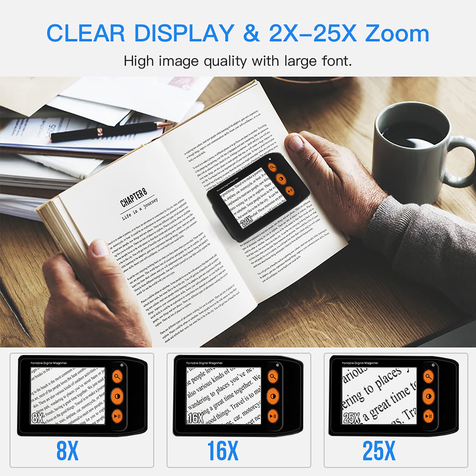 Lupa electrónica de ayuda de lectura con zoom 2X-25X y 8 modos de color, salida AV/TV para baja visión, daltonismo, lectura, escritura, visualización de mapas y libros