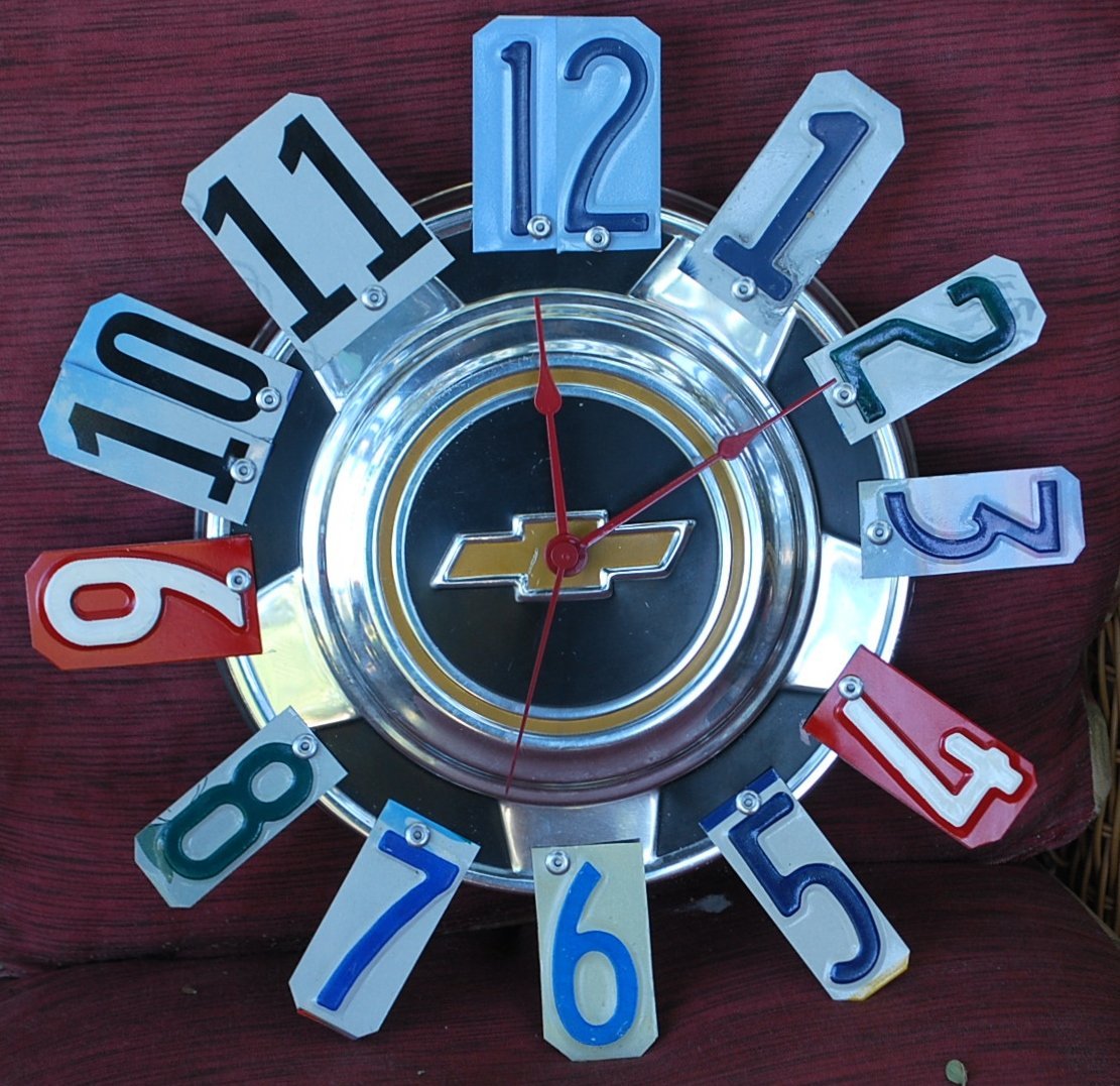 Clock Chevy Hubcap Clock,Vintage Chevy,License Plate Garage