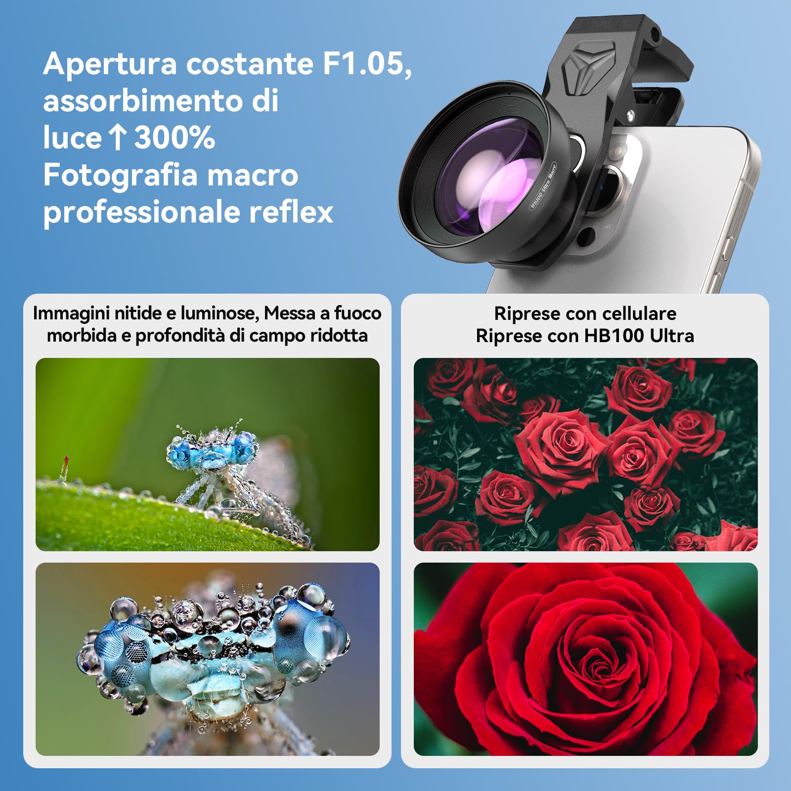 APEXEL HB100 Ultra Lente Macro HD per Cellulare con Filtro CPL e Starlight da 52 mm, Apertura F1.05 e Rivestimento AF, Obiettivo Macro per Smartphone Adatto per iPhone, Samsung e altri Smartphone