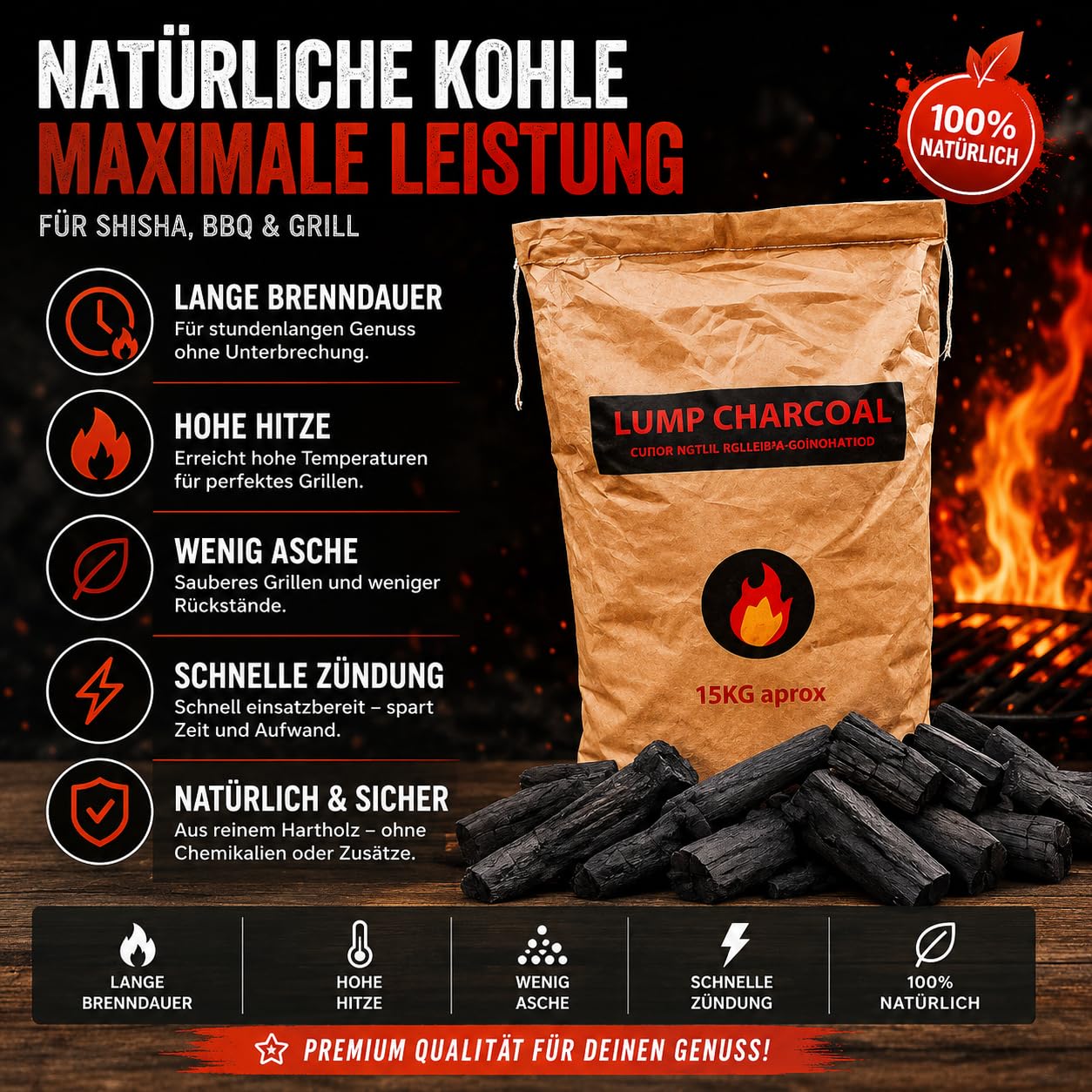 Premium Marabu Holzkohle 15kg Gastro Restaurant Qualität hohe Hitze wenig Asche