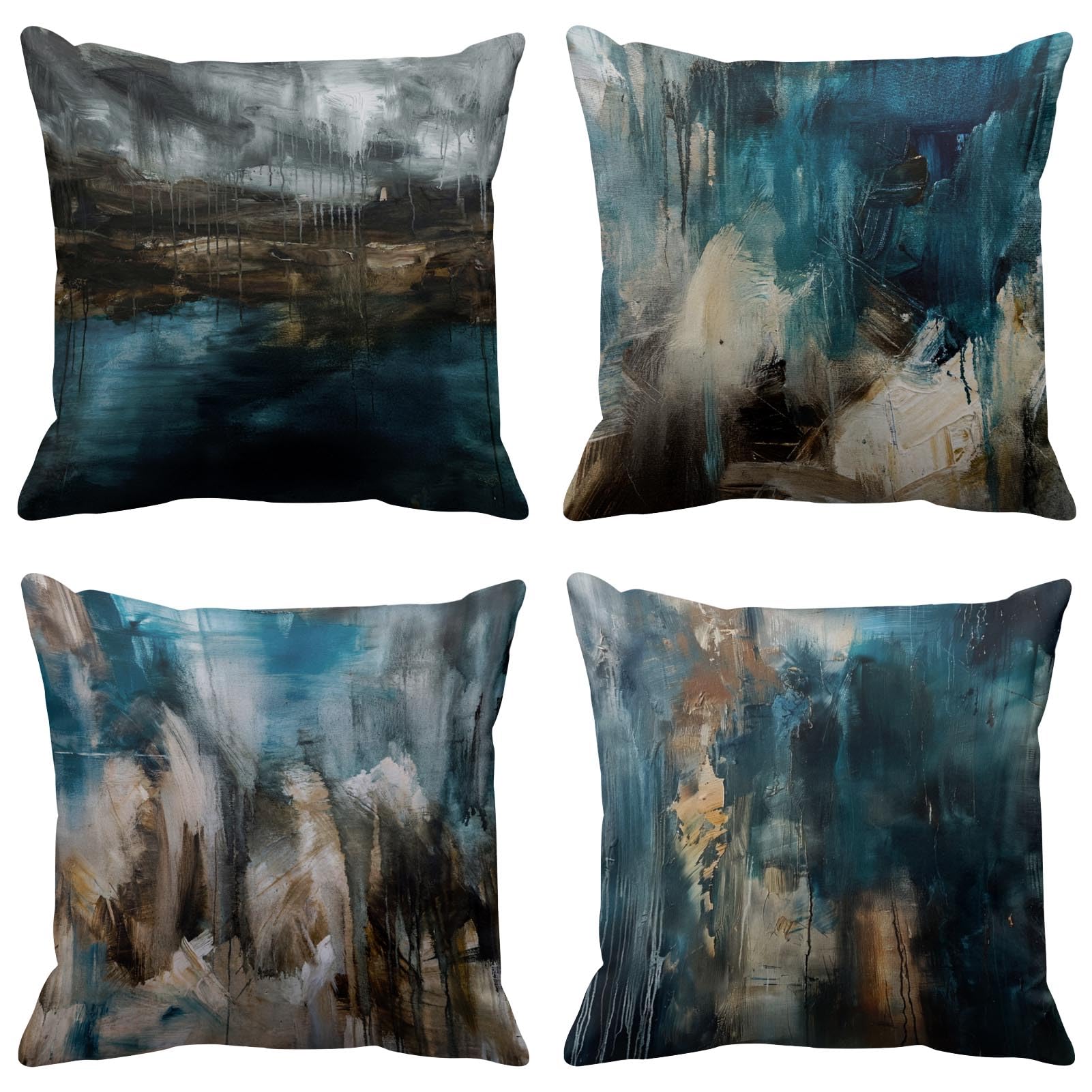 Emvency Set of 4 Throw Pillow Covers Modern Abstract Messy Teal Turquoise Black and Brown Retro Painting Decorative Pillow Cases Home Decor Standard