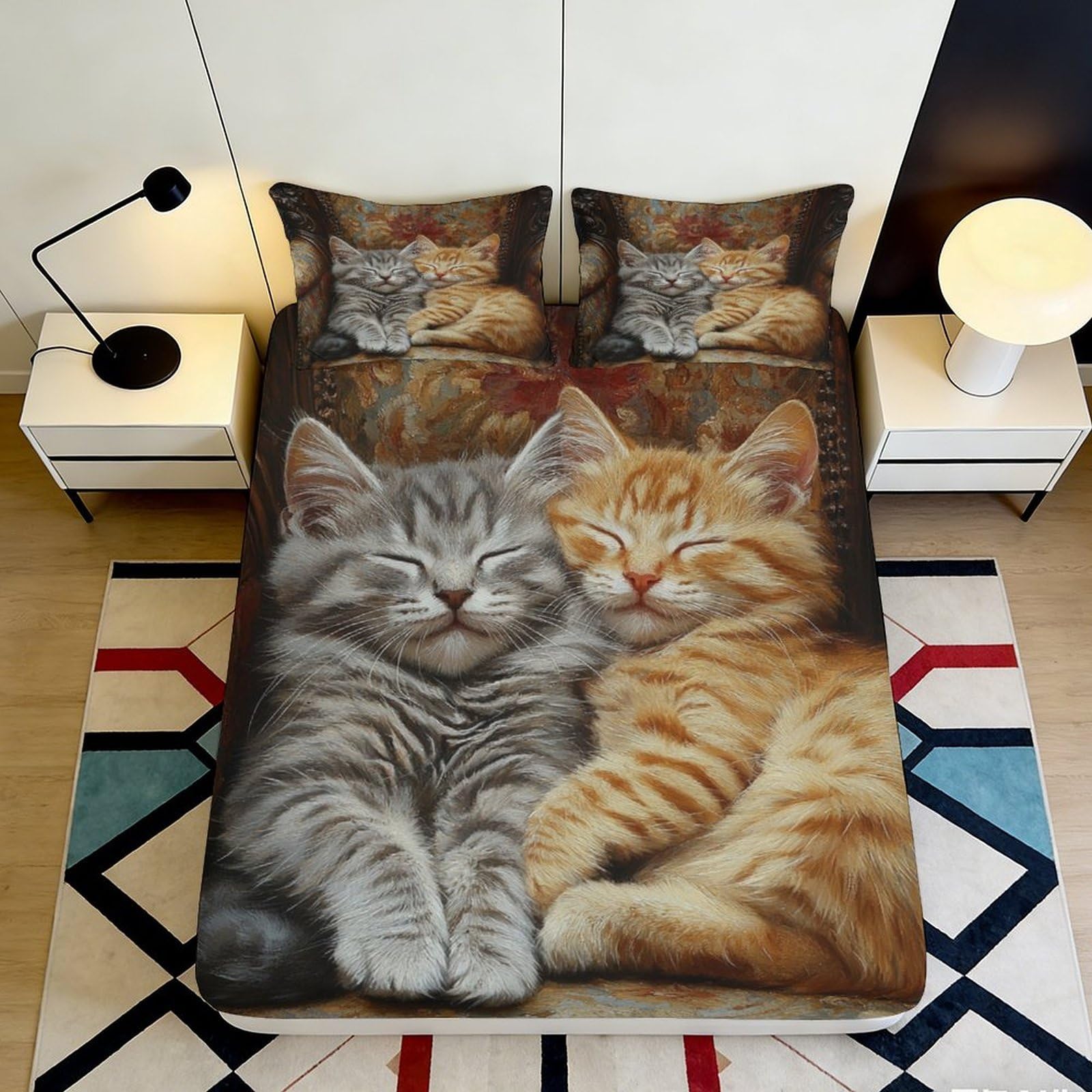 Pnayamiorkfel Style-2 3D Printed Sleeping Kittens Fitted Sheet Microfiber Soft Orange Tabby Mattress Cover For Bedroom Dorm Decor, Machine Washable 90X200x25cm