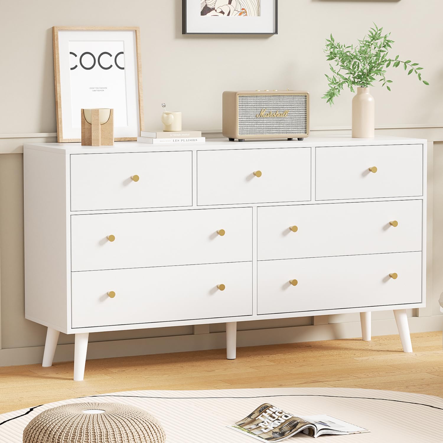 White Dresser for Bedroom, Dresser with 7 Drawers, Wood Dressers & Chests of Drawers, Modern Double Dresser with Wide Drawer and Metal Handles