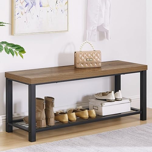 FOLUBAN Entryway Bench, Modern Shoe Storage Bench, Rustic Wood and Metal Entry Bench for Hallway Front Door Entrance, Industrial Indoor Bench for