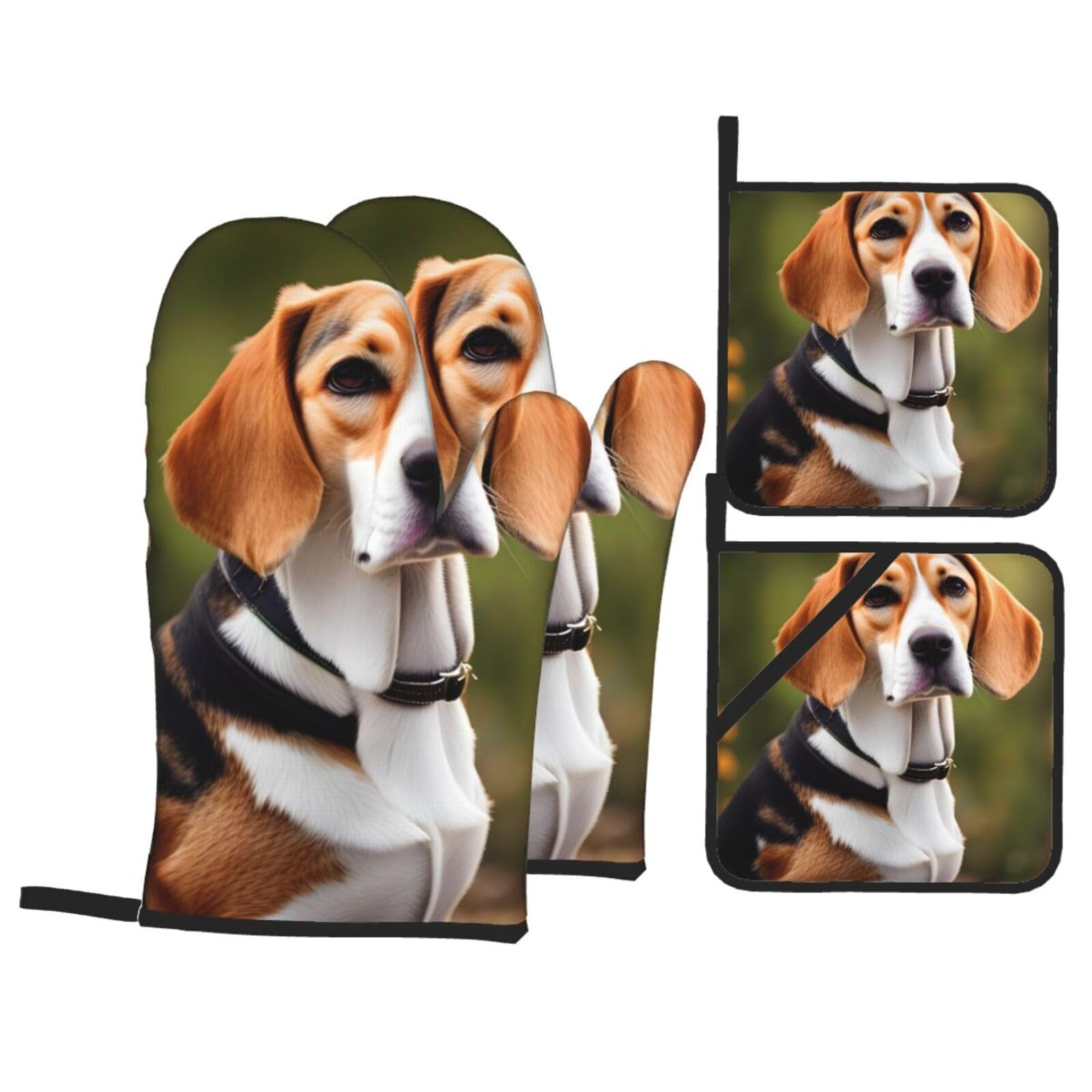 Beagle Dog Print 4-Piece Oven Microwaving Set Waterproof Kitchen Gloves for Baking Grilling Cooking