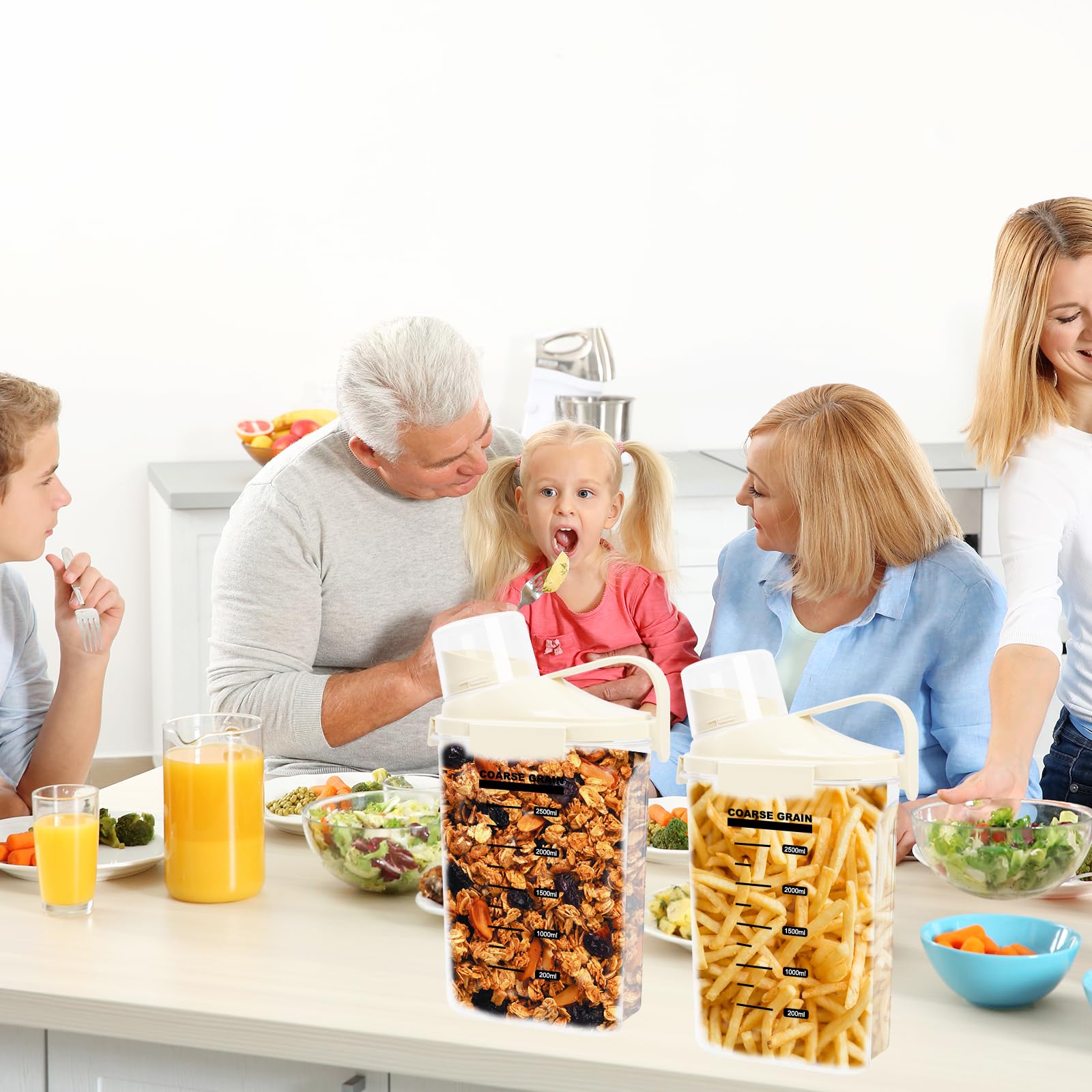 LANGMINGDE 2 recipientes de almacenamiento de cereales de 2.8 l/95 onzas, recipientes de plástico transparente para almacenamiento de alimentos secos con tapas y taza medidora, recipientes de