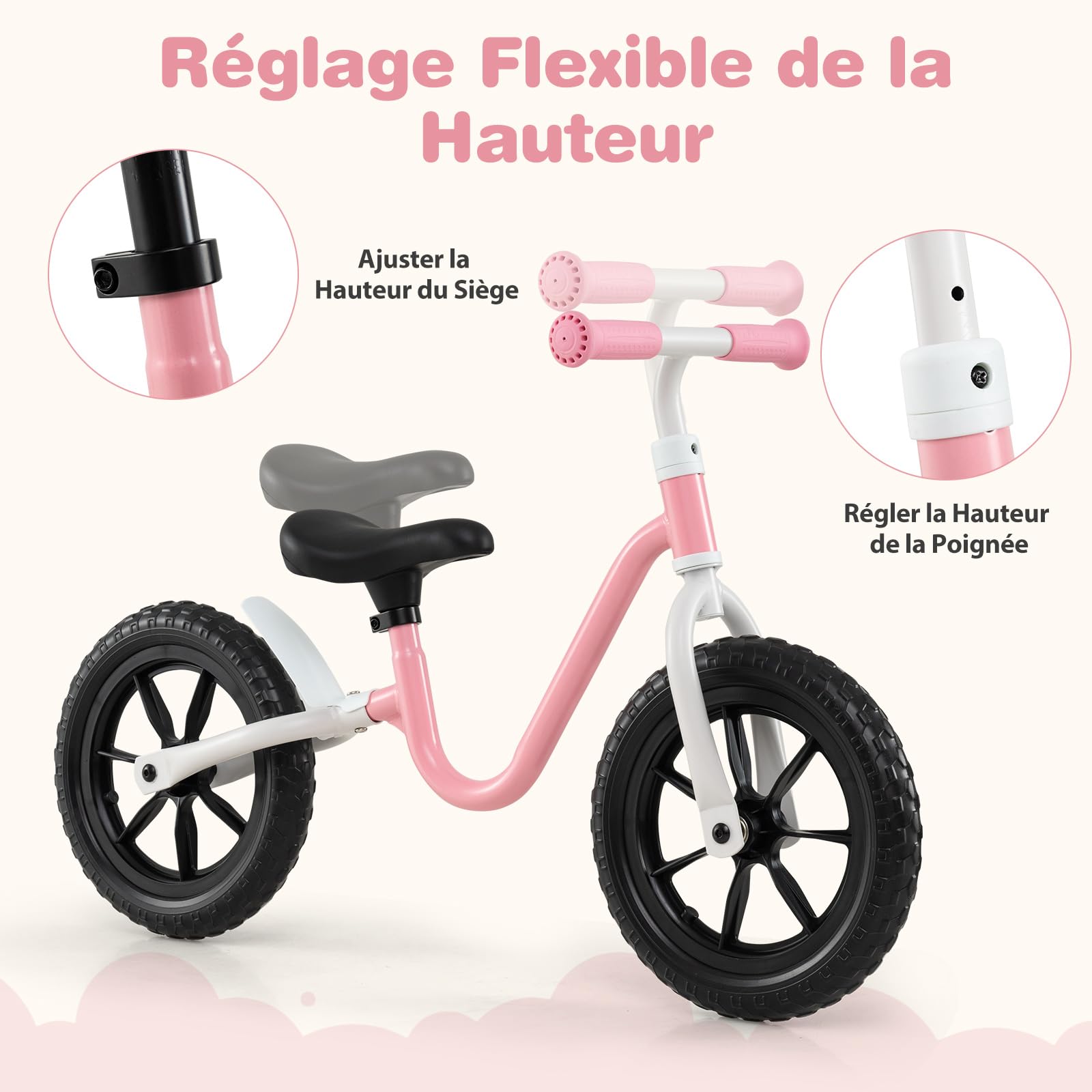 COSTWAY Draisienne Bébé Légère avec Guidon et Siège Réglables(37,5-42cm), Vélo Enfant sans Pédales avec 2 Roues en EVA, Charge 25kg, Vélo d'Équilibre pour 3 Ans+, Rose