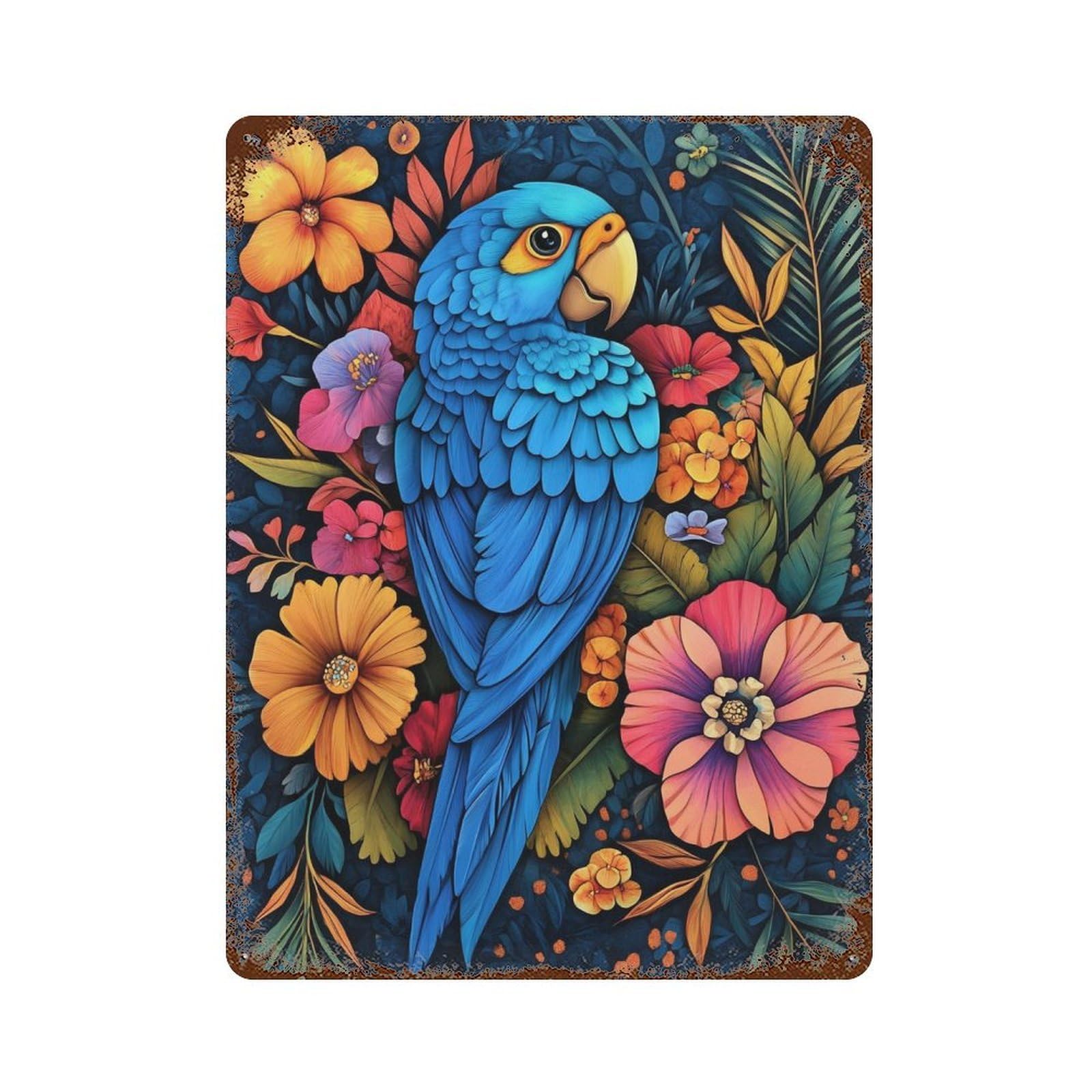 Parrot in Tropical Flowers Weathered Tin Sign 15.7"x11.8", Industrial Home Decor for Basement, Hobby Room And Garage Decor