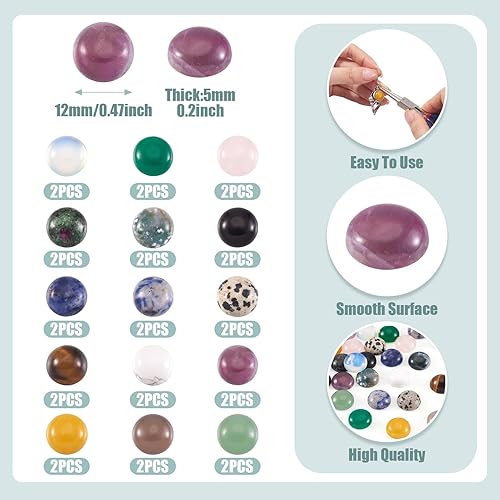 Miniatura 4 de Fashewelry 30 piezas de cabujones de piedras preciosas naturales mixtas de 0.472 in de piedra de cristal redonda plana, cuentas de piedra curativa