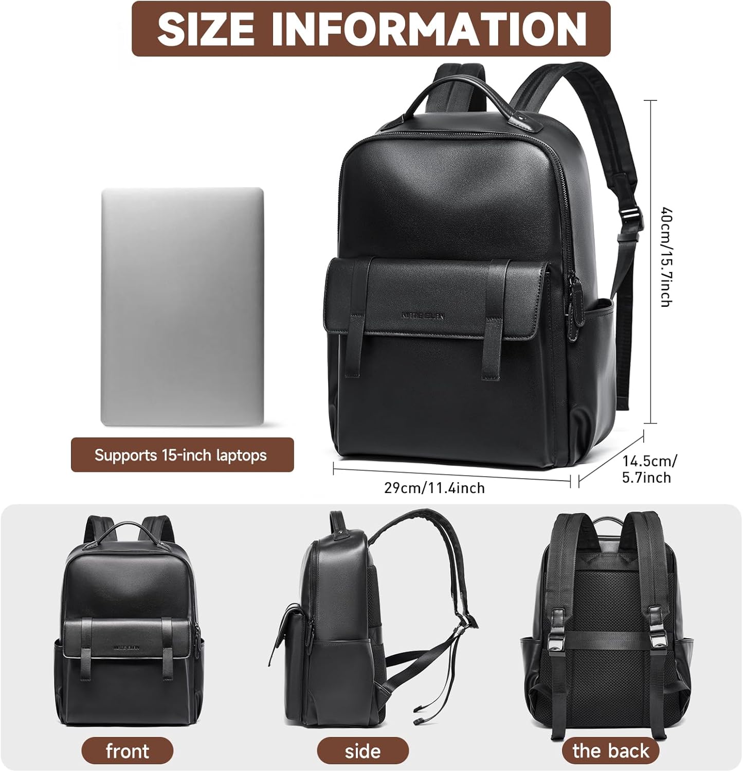 Leather Backpack For Men Fit 15" Laptop Waterproof Vintage Black Work Travel Flip Design Small Pu Backpack For Men Women Casual - Image 2
