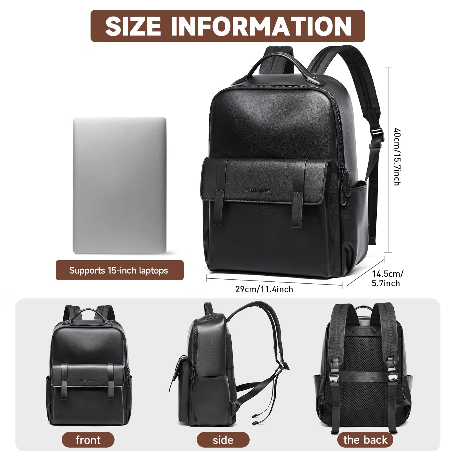 Sac a Dos Homme Cuir, Sac à Dos Ordinateur 15 Portable Cuir Imperméable,Sac a Dos Homme Femme Travail,Leather Backpack,Sac à Dos Mode Noir pour voyages,École,Bureau