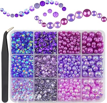 qiipii Purple 3mm-8mm Flatback Pearls and Resin Rhinestones for Bedazzling Crafting Half Pearls Jelly Stones Diamonds Gems Crystals Bedazzler Kit for Nails Face Eyes Makeup Tumblers Bottles DIY Crafts