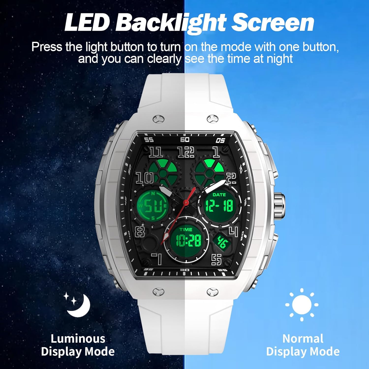 Mens Watches Unique Watches for Men Digital Waterproof Watch Sports Alarm Stopwatch Tonneau Design Punk Analog Wrist Watch Calendar Dual Time Display Silicone Band - Image 3