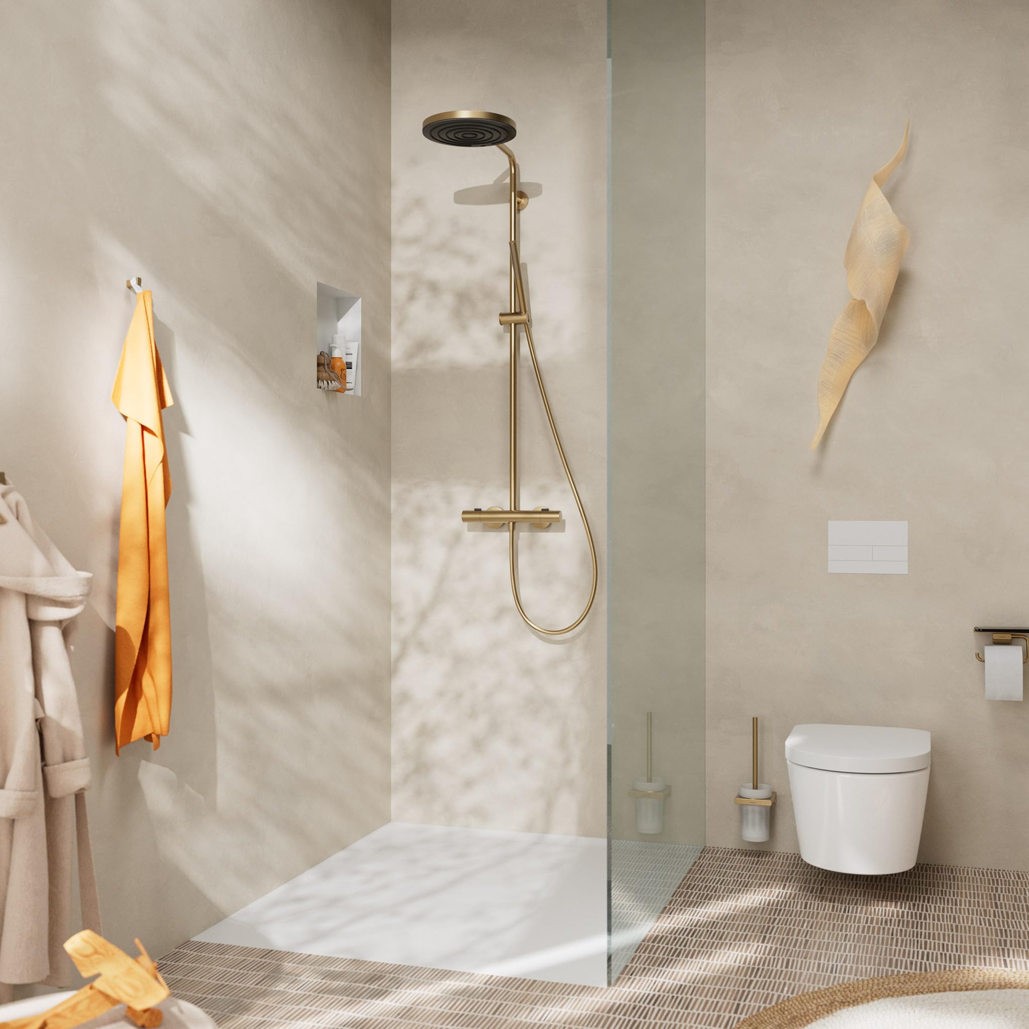 hansgrohe Pulsify S Puro - Colonne de douche avec mitigeur thermostatique, douche pluie (260mm) avec robinet, douchette, support, flexible, barre et douche de tête ronde, Bronze brossé, 24222140