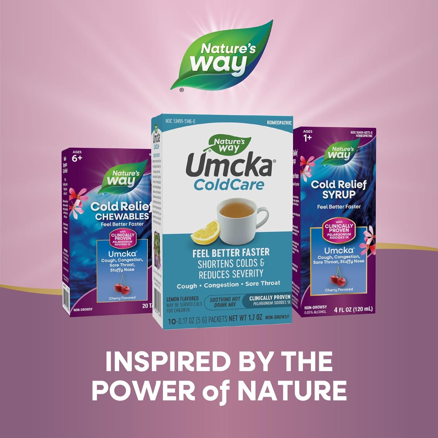Nature's Way Cold Relief Hot Drink, Umcka, Homeopathic, Clinically Proven Pelargonium Sidoides 1X, for Cough, Congestion, Sore Throat, Stuffy Nose, Lemon Flavored, 10 Packets