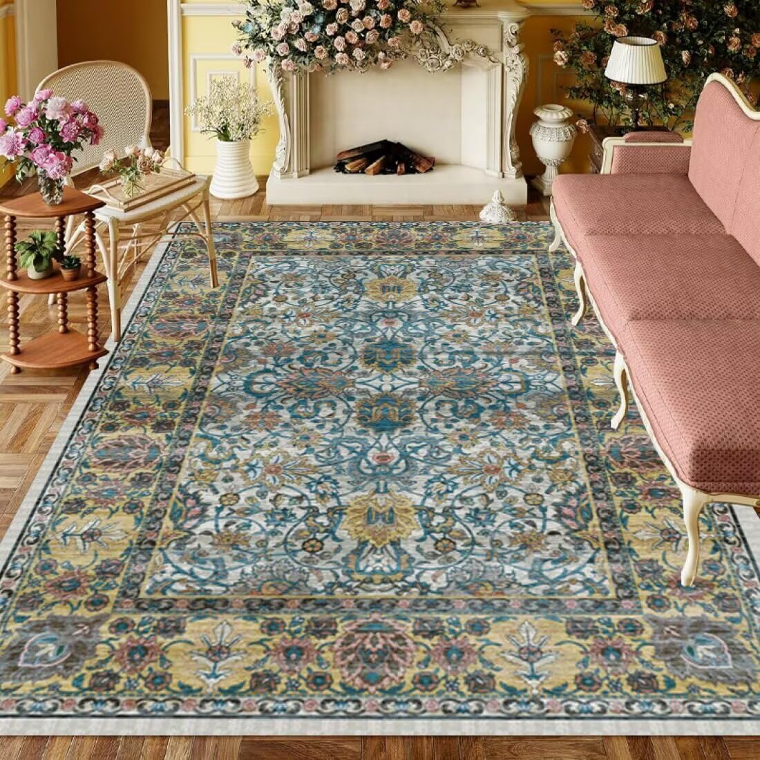 Tapis de chambre fille vert d'exception 90x160cm au design élégant de fleurs fraîches rétro