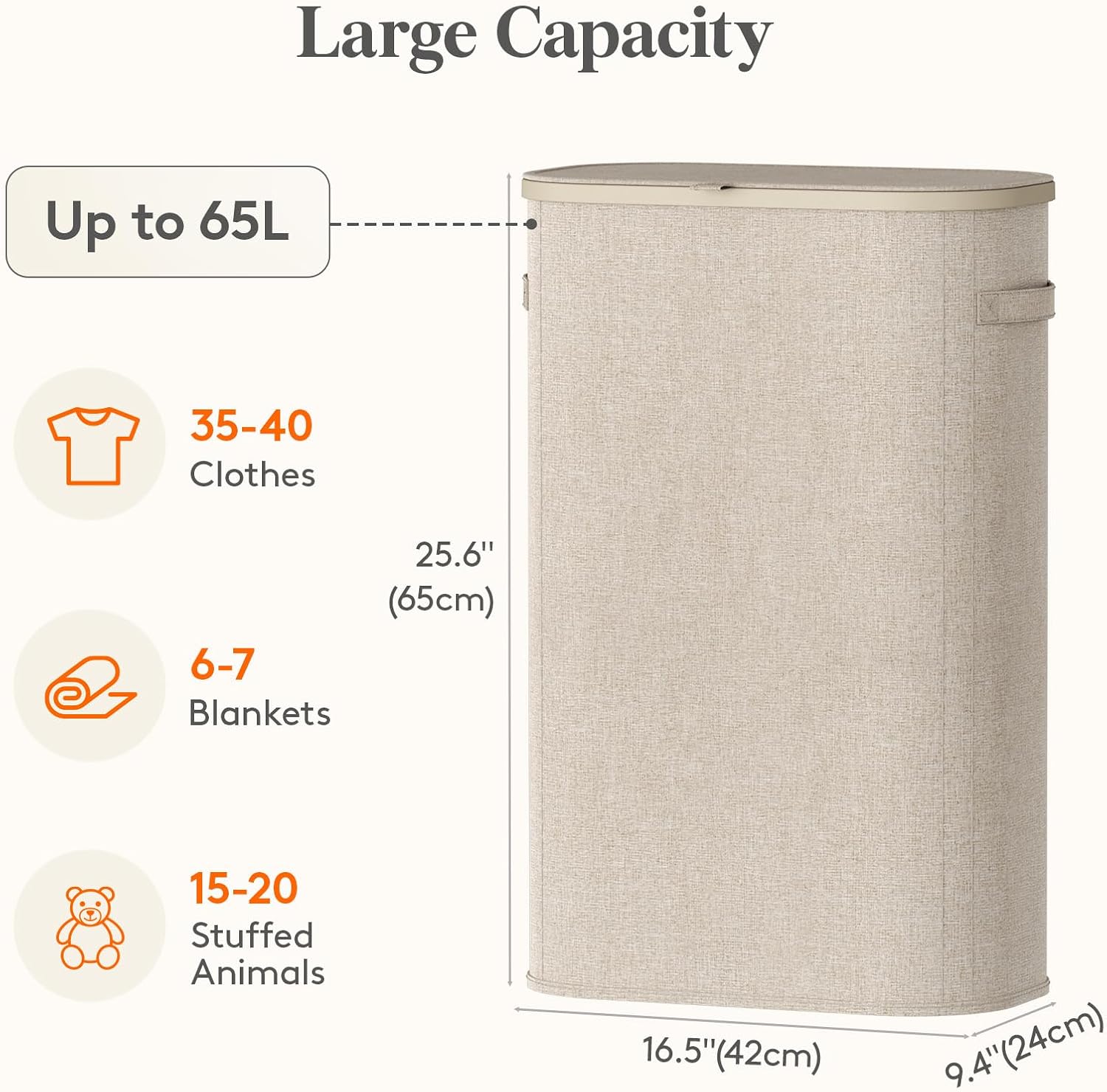 Lifewit 65L Slim Laundry Basket with Lid, Narrow Large Laundry Hamper with Plastic Handles and Removable Bag, Tall Foldable Dirty Clothes Hampers for Laundry Room, Bedroom, Bathroom, Dorm, Beige - Image 3
