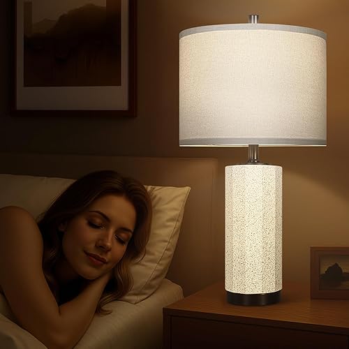 Miniatura 5 de Scenekoy Juego de 2 lámparas de mesa de 23 pulgadas para dormitorio, sala de estar, interruptor giratorio de cerámica con pantalla de lino blanco,