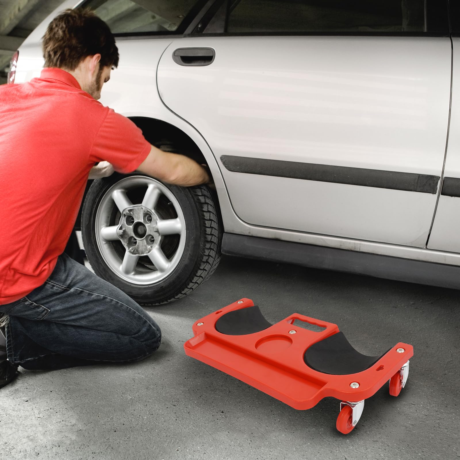 Ginocchiera arrotolabile, con imbottitura in schiuma, telaio in ABS antiurto, 5 ruote girevoli, portata 100 kg, rosso e nero, per l'industria edilizia e l'officina automobilistica