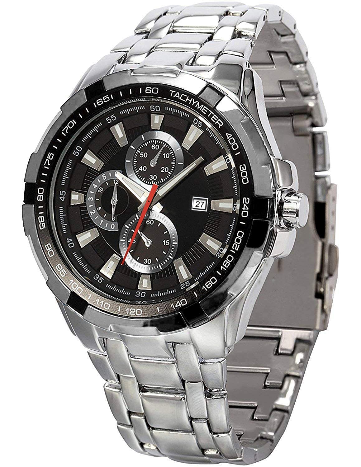 Shocknshop Analogue Stylish Round Dial Date Display Stainless Steel Watches for Mens (Black Dial and Silver Strap) -WCH60 (B0CP9FSKCJ) Amazon Price History, Amazon Price Tracker
