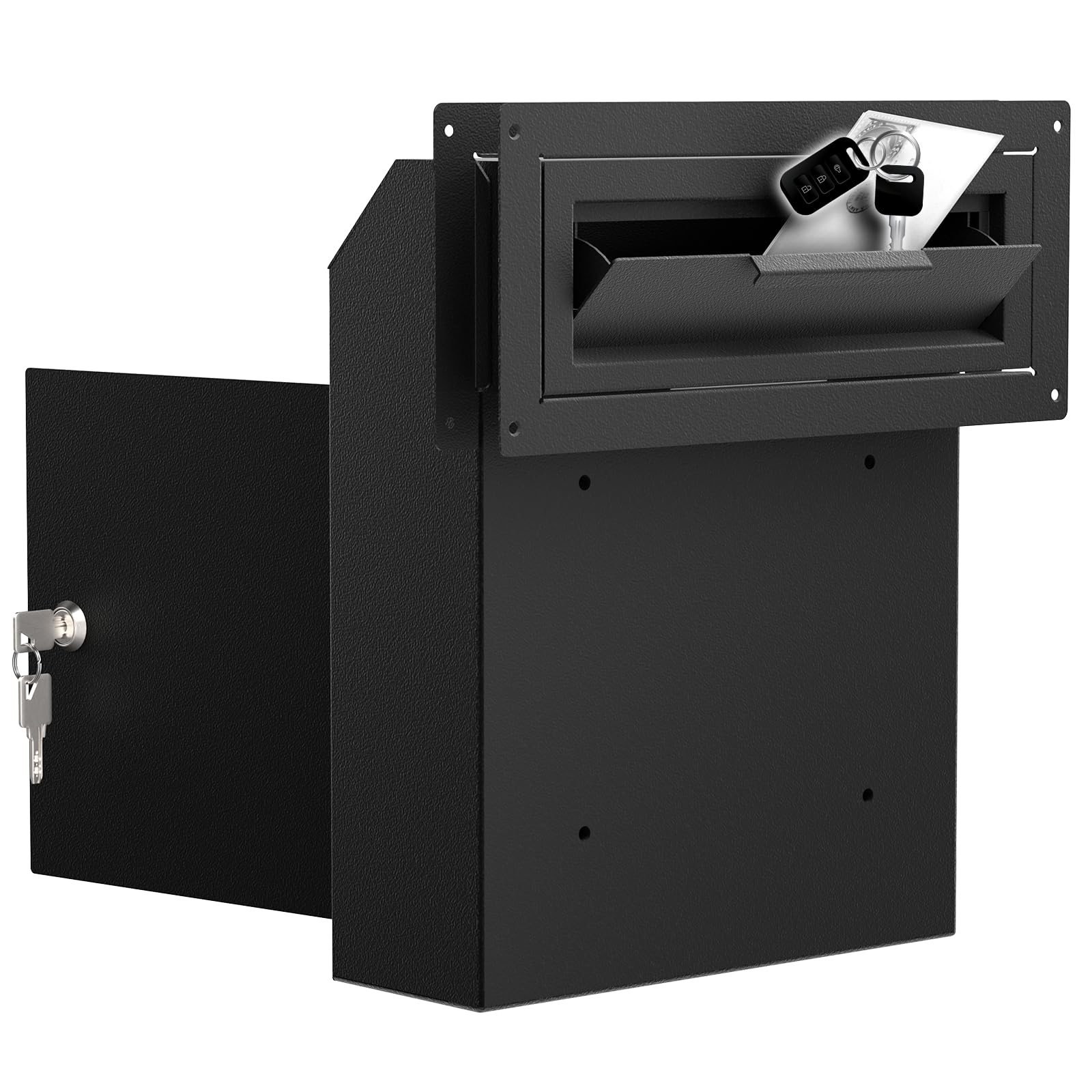Pochar Black Door Drop Box For Mail, Rent, Deposit, And Night Key - Wall Mount Locking Mailbox With Rear Access Through The Door