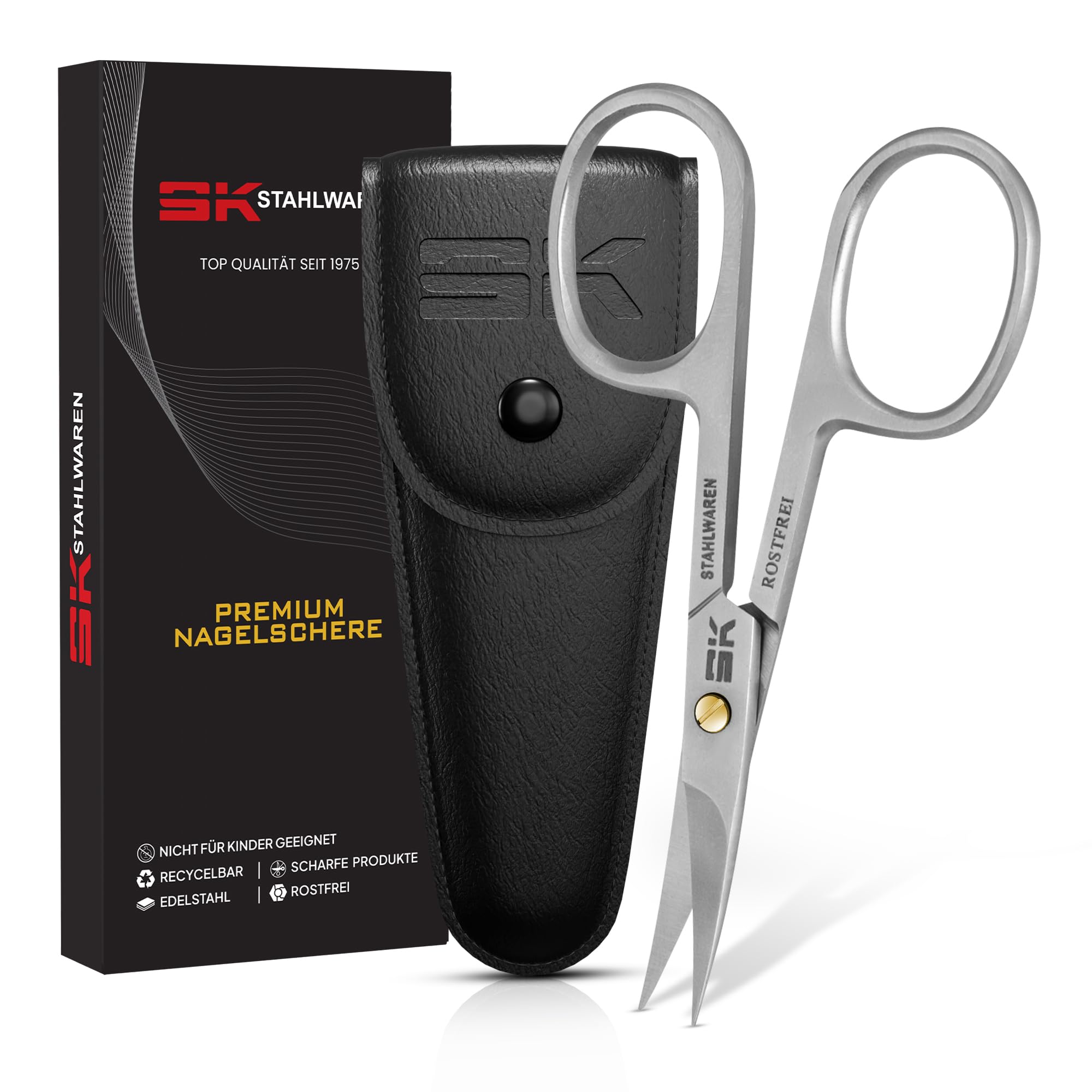 SK Stahlwaren Curved Nail Scissors - Stainless Steel Rustproof - Precise Cutting - Manicure & Pedicure Care - Faux Leather Case - Silver