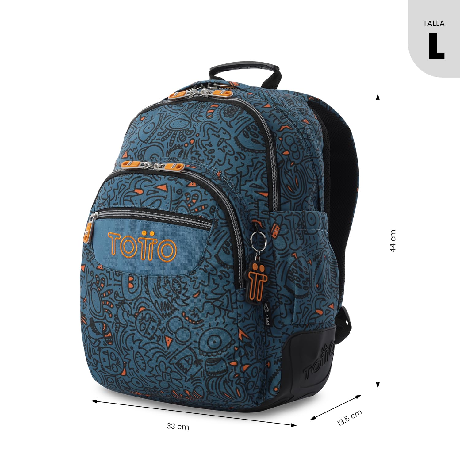 TOTTO - Mochila Escolar Grande, Modelo Rayol, Capacidad 19 L, 3 Compartimentos, 2 Bolsillos Botella, Bolsillo para PC 14", Espaldar Ergonómico con Flujo de Aire, Correas en S, Estampado Grafer