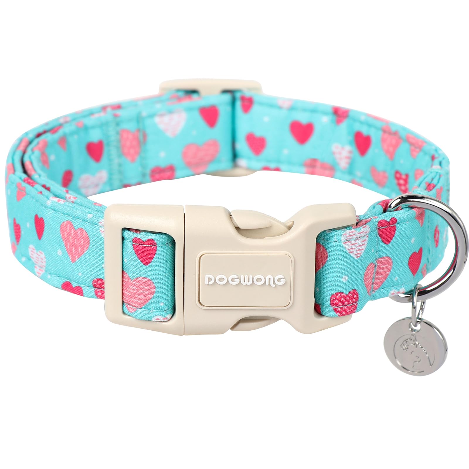 DOGWONG Valentine's Dog Collar - Blue Heart Adjustable Cotton Heart Dog Collar - Perfect for Small to Medium Dogs