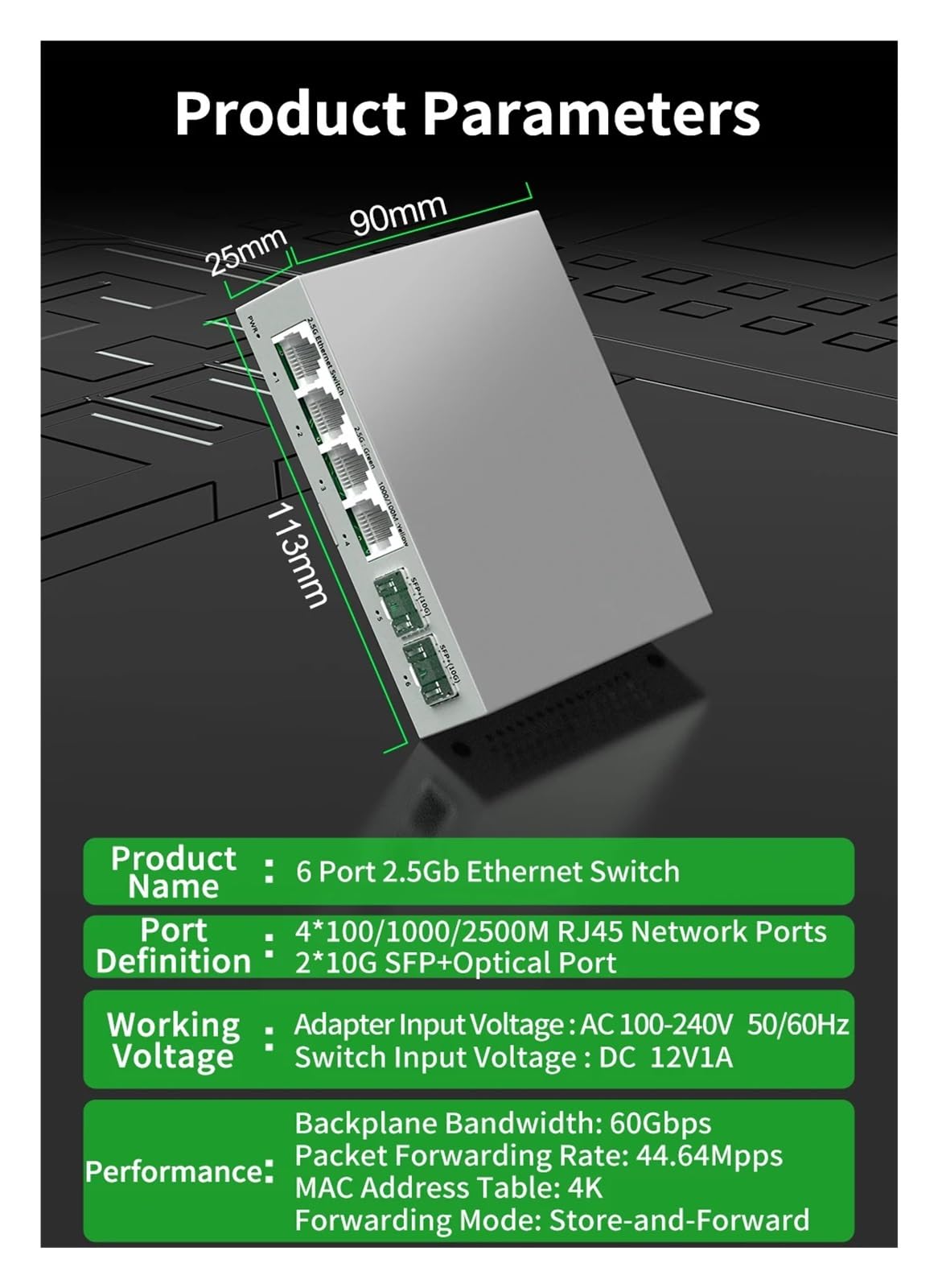 Switch 2.5Gb Switch Ethernet RJ45 a 4 Porte 2.5G con 2 Porte 10G SF.p+ Switch di Rete Desktop Non gestito Senza Ventola