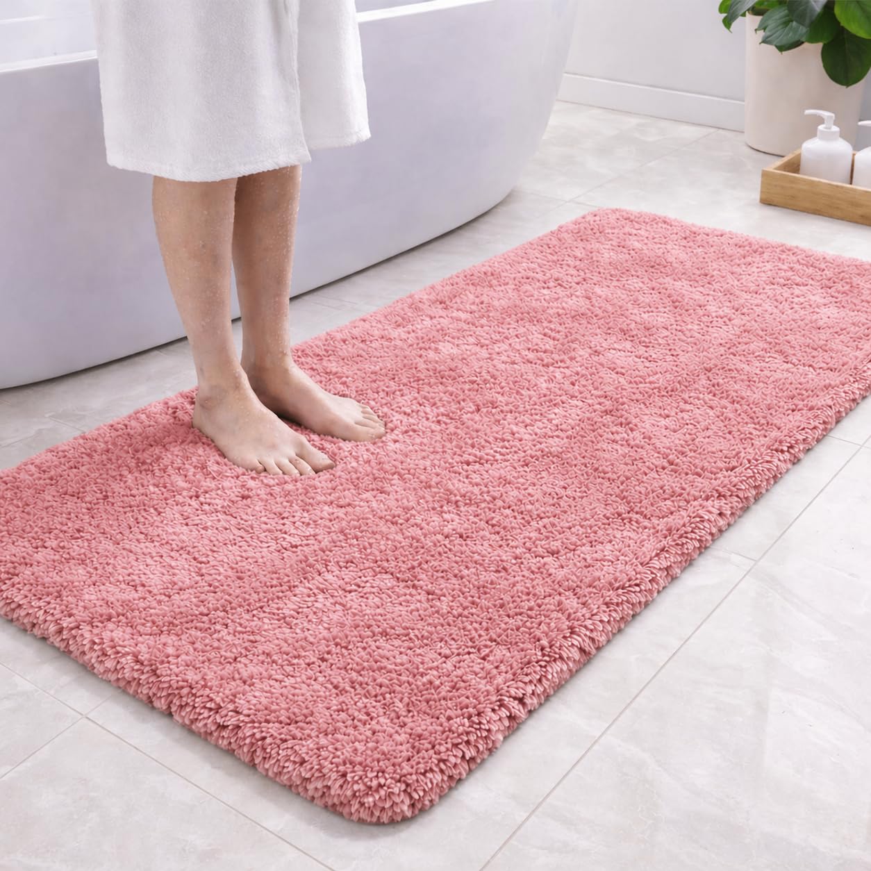 PUFFMAT Microfibre Bath Mat 120 x 60 cm Pink, Absorbent Bathroom Rug with Soft Plush Pile and TPR Backing, Machine Washable Bathroom Mat for Shower, Bathtub, Toilet and Guest Bathroom